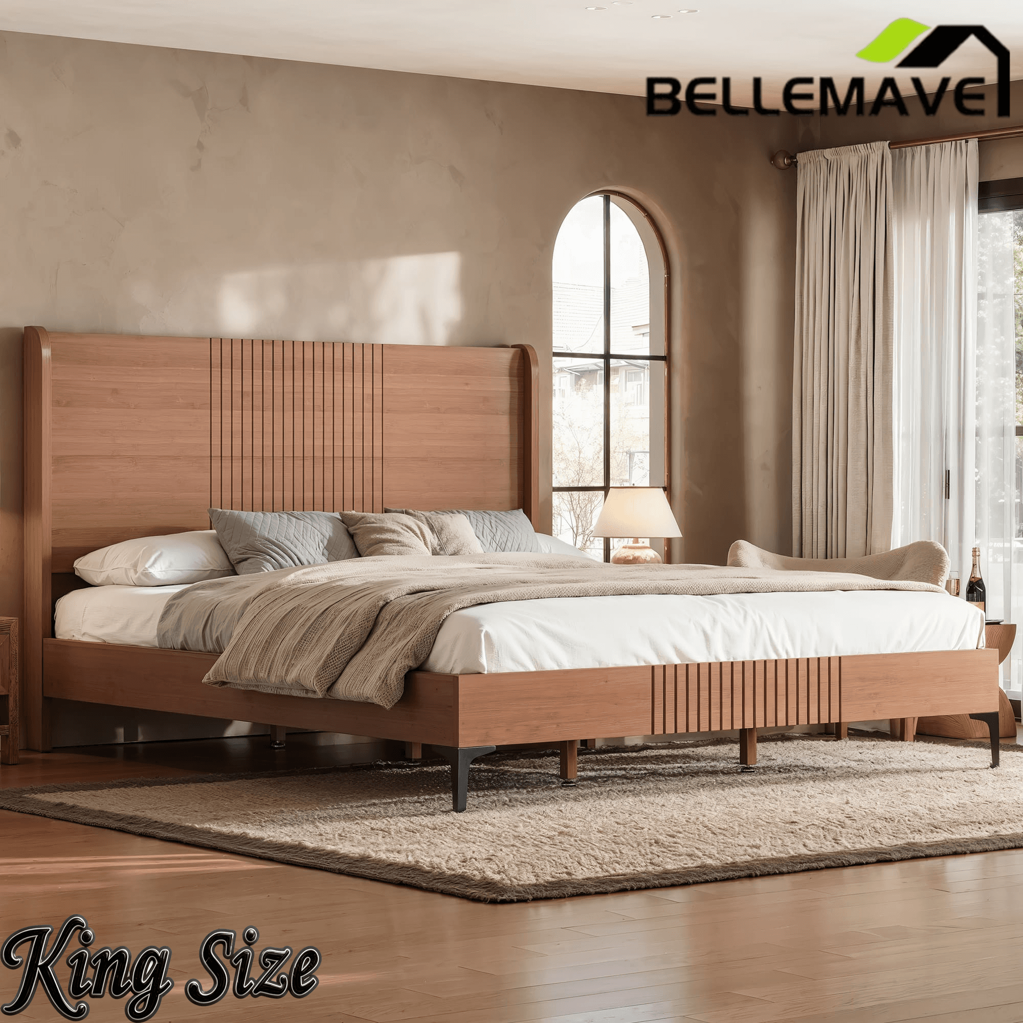 Bellemave® Solid Bamboo Platform Bed, Mid-Century Modern Bed Frame with Headboard, Round Corner Design Bellemave®