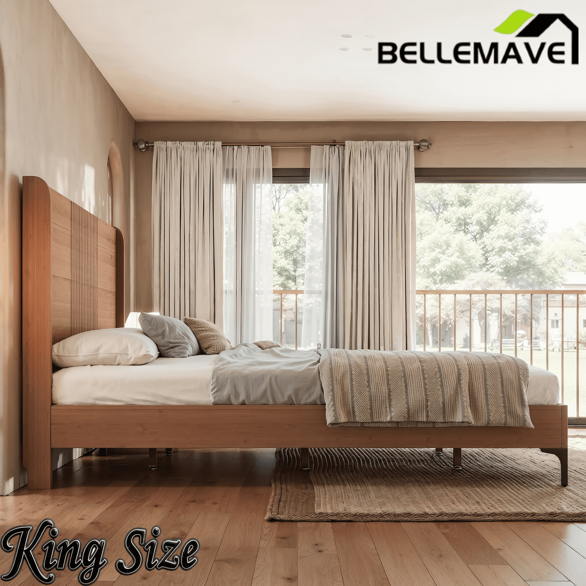 Bellemave® Solid Bamboo Platform Bed, Mid-Century Modern Bed Frame with Headboard, Round Corner Design Bellemave®