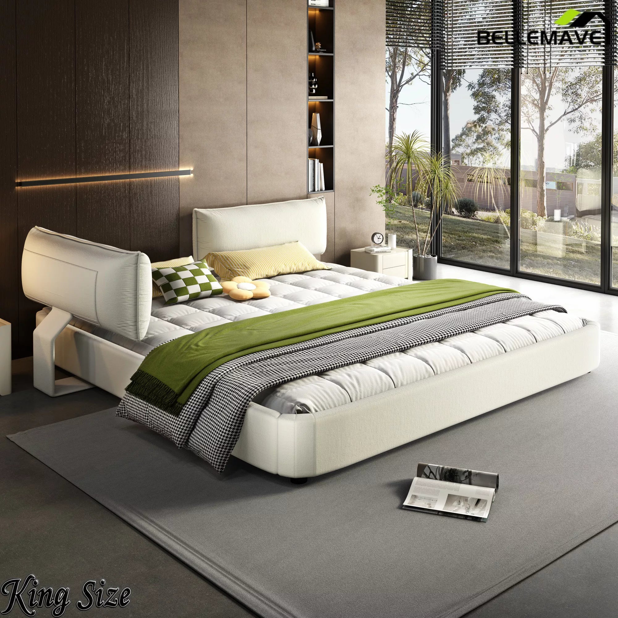 White Upholstered Platform Bed Side Angle View