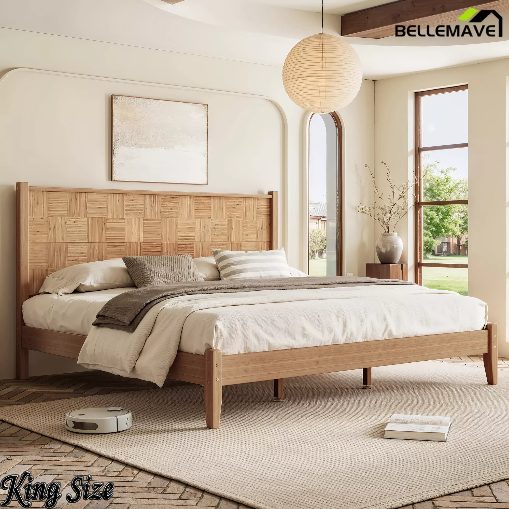 King Size Bamboo Platform Bed with Headboard Bedroom Scene