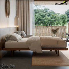 Side view of the King-size brown bamboo platform bed showing the low frame and support legs
