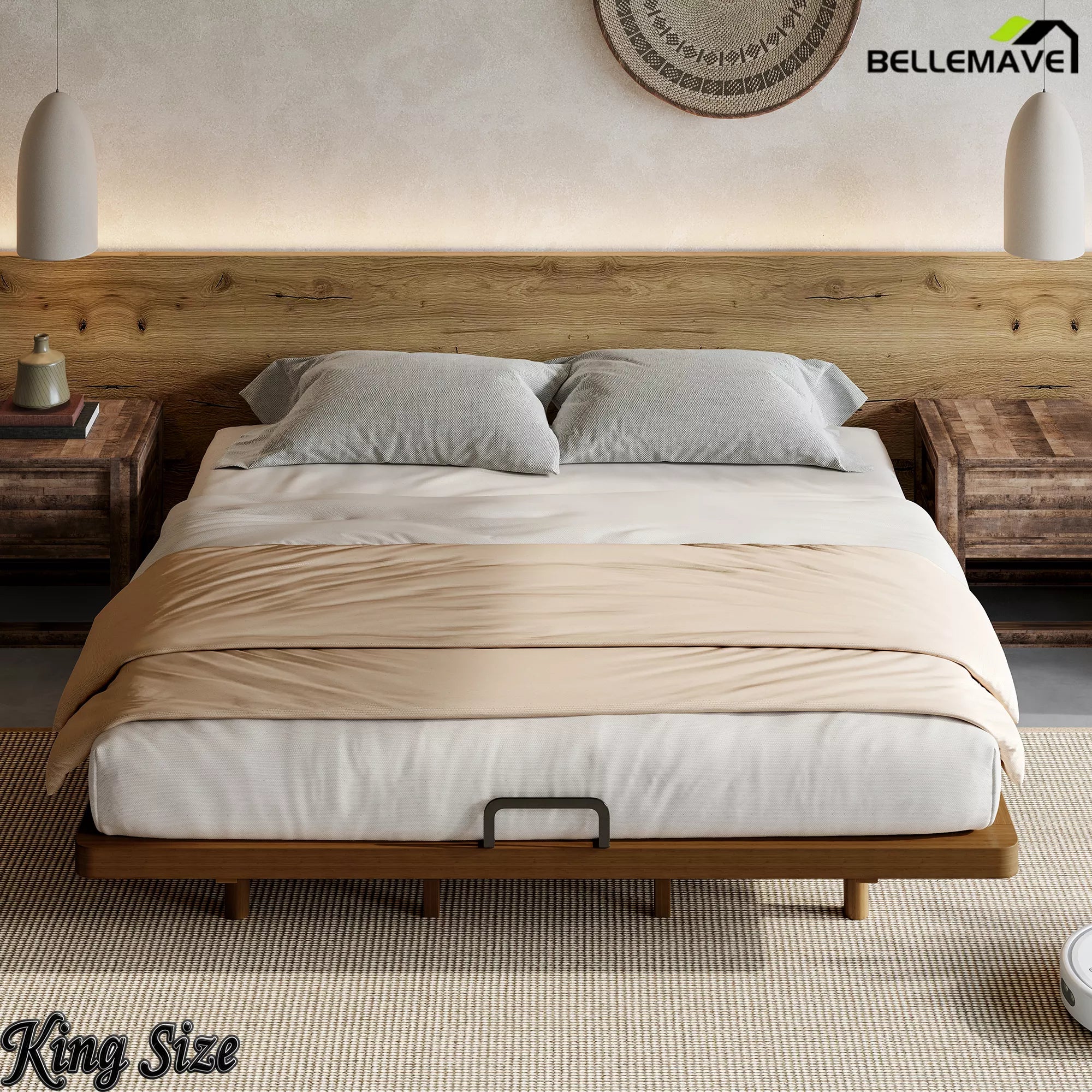 Front view of the King-size brown bamboo platform bed with neutral bedding