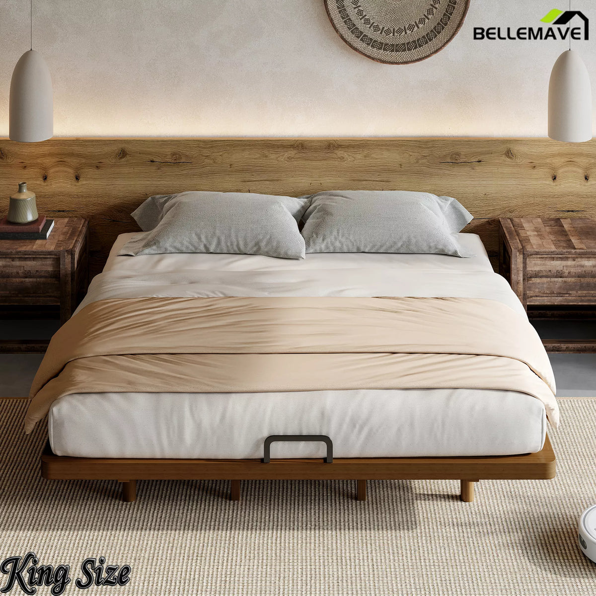 Front view of the King-size brown bamboo platform bed with neutral bedding