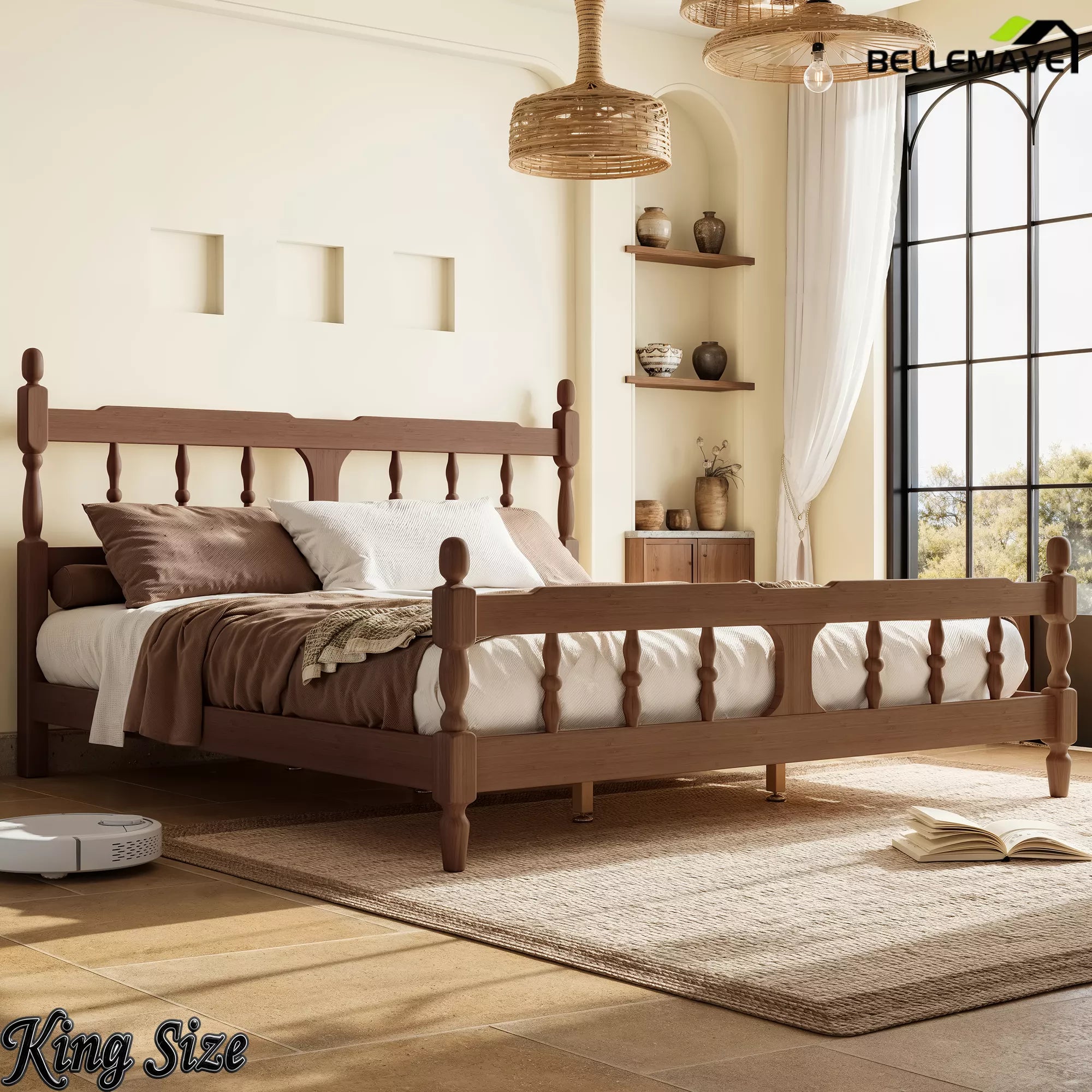 King size solid bamboo bed frame in bedroom
