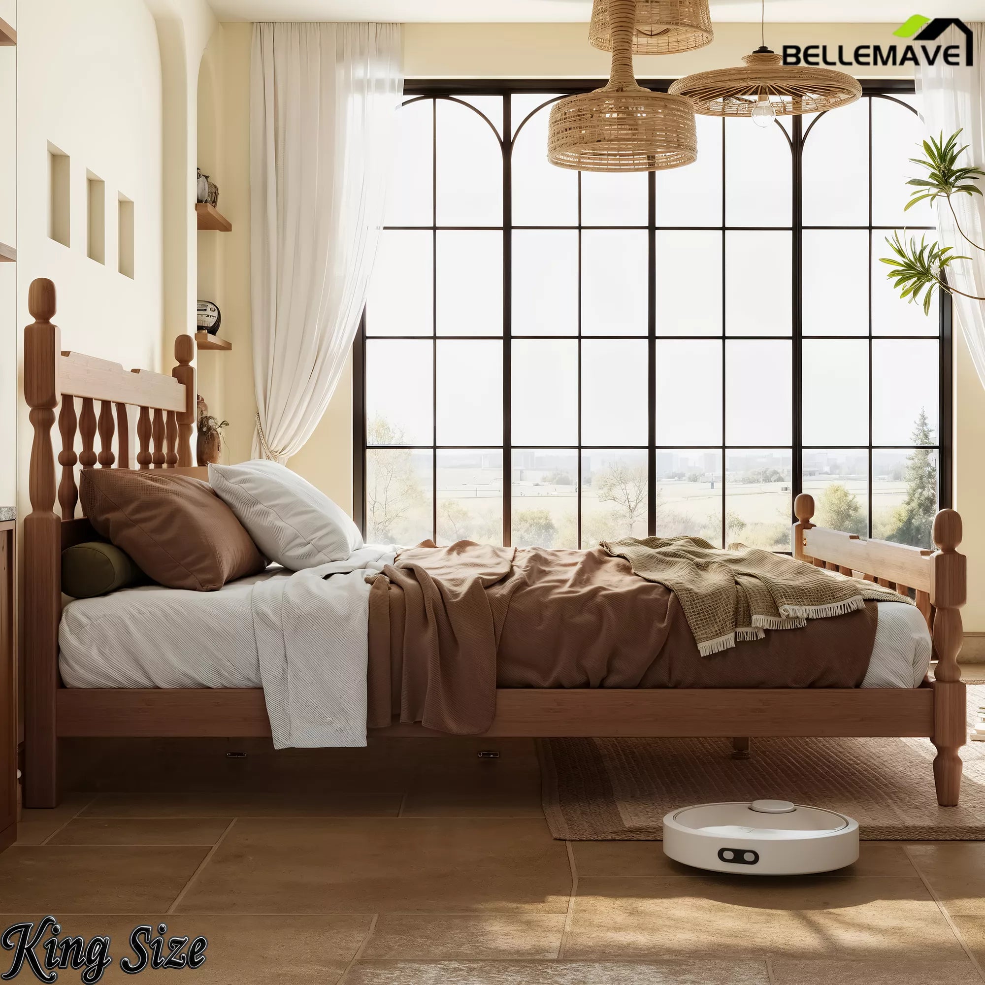King bamboo platform bed with support slats