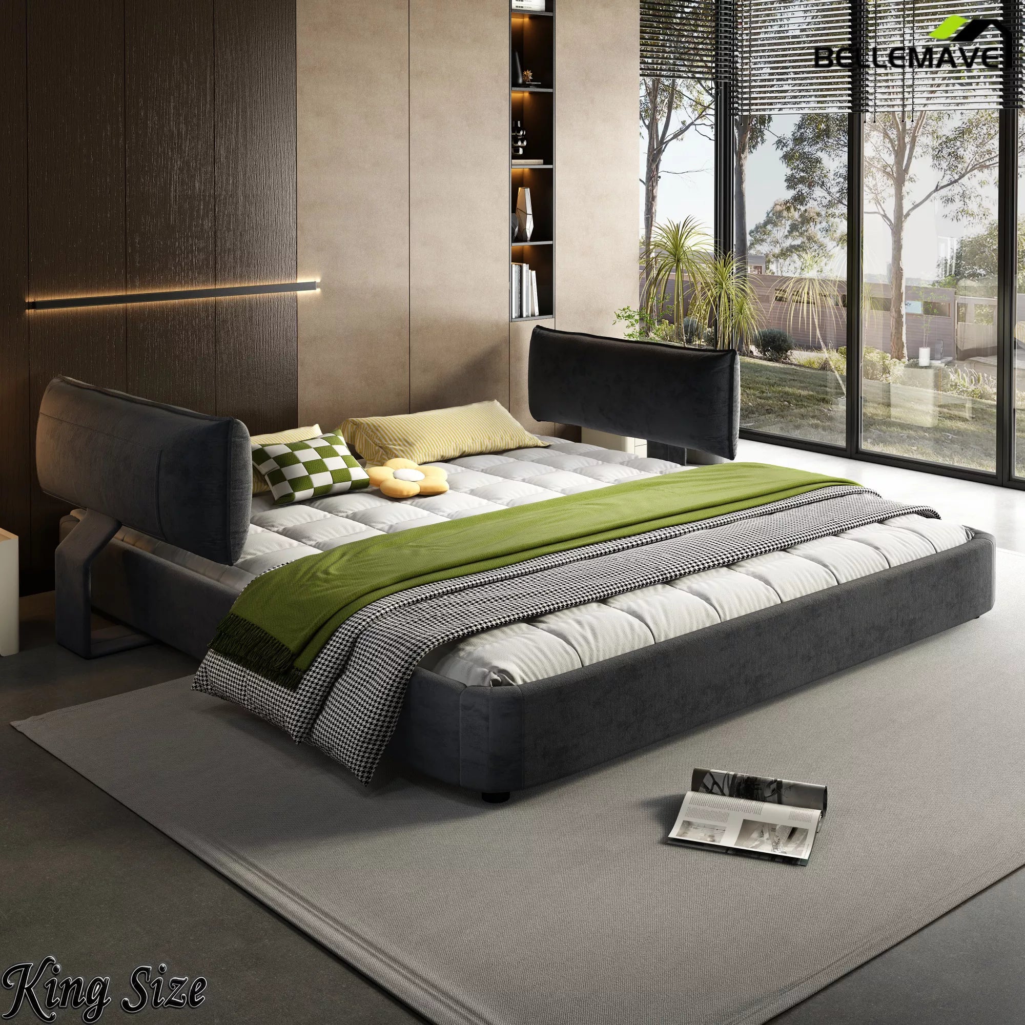Dark Gray King Size Cloud Bed Frame Bedroom Scene