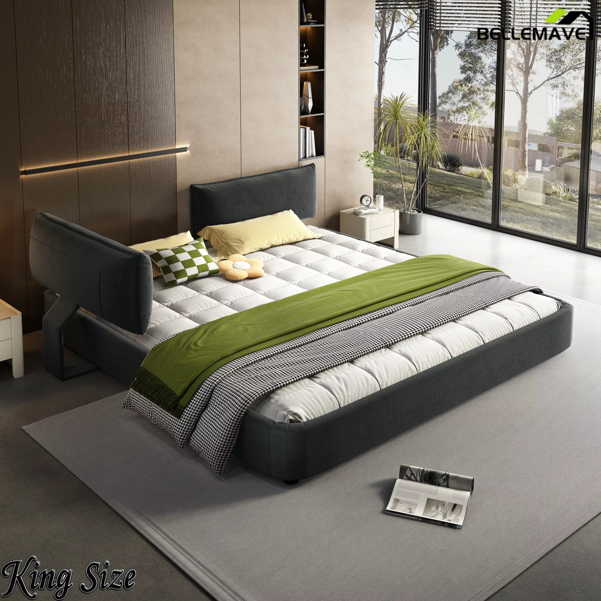 Dark Gray Upholstered Platform Bed Interior Scene