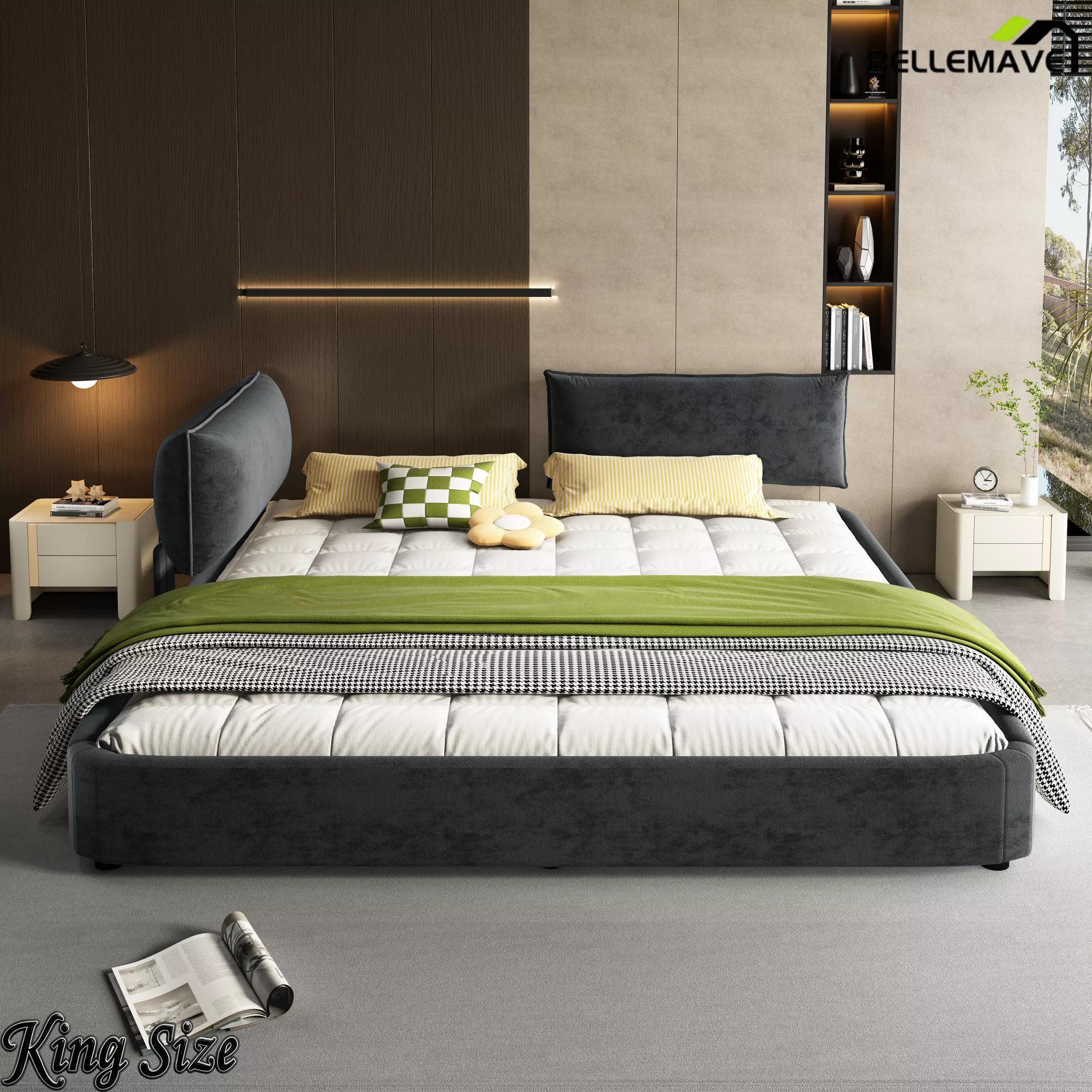 Dark Gray Chenille Cloud Bed Frame Front Angle