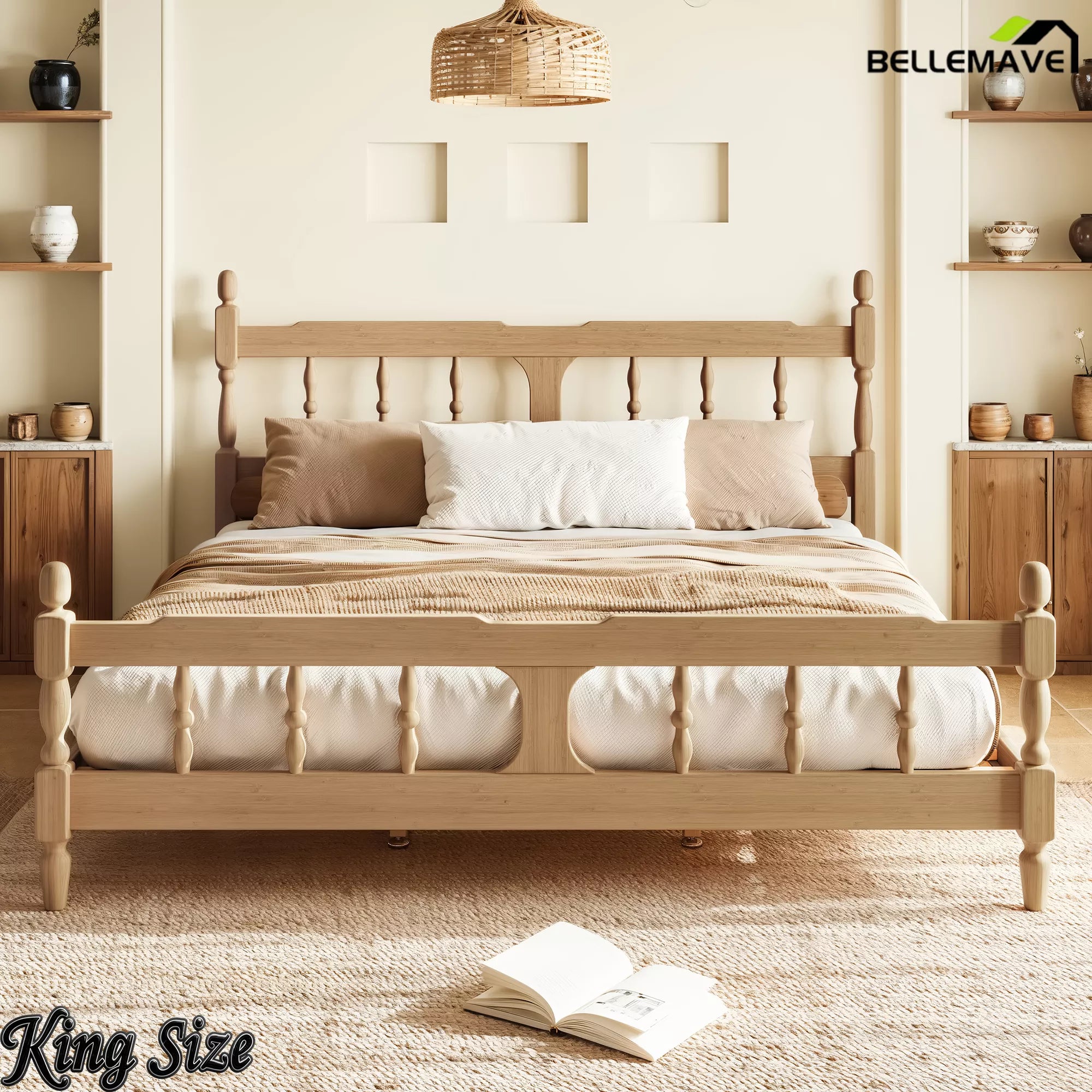 Natural finish king bamboo platform bed with square cutout headboard