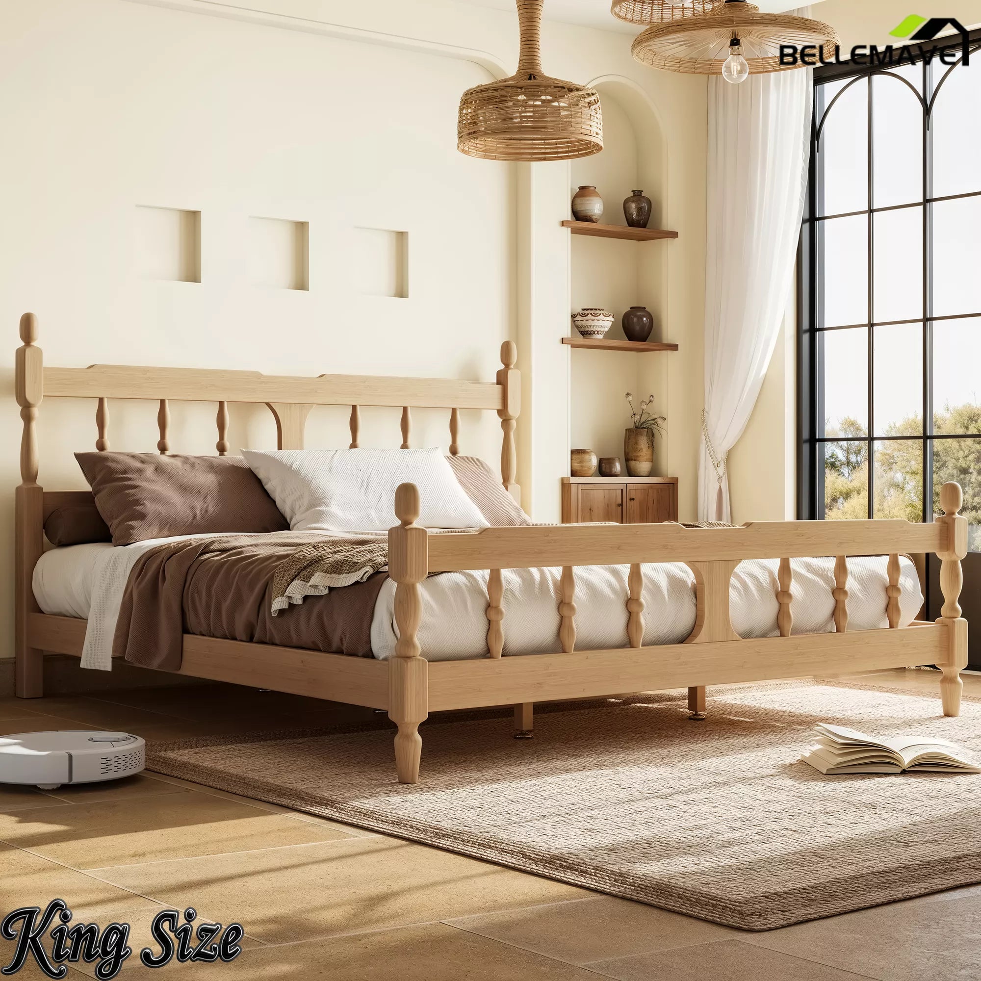 Natural bamboo bed frame king size bedroom setup