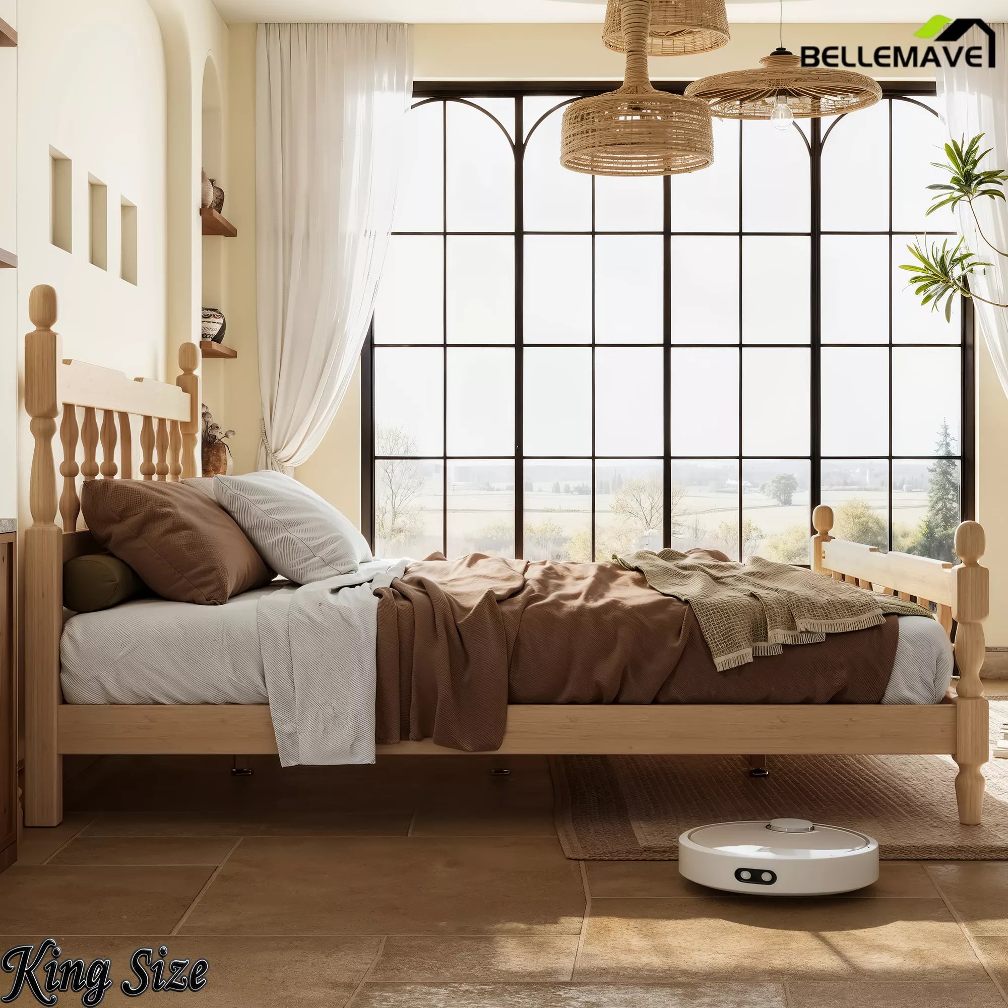 Natural finish bamboo platform bed with support slats
