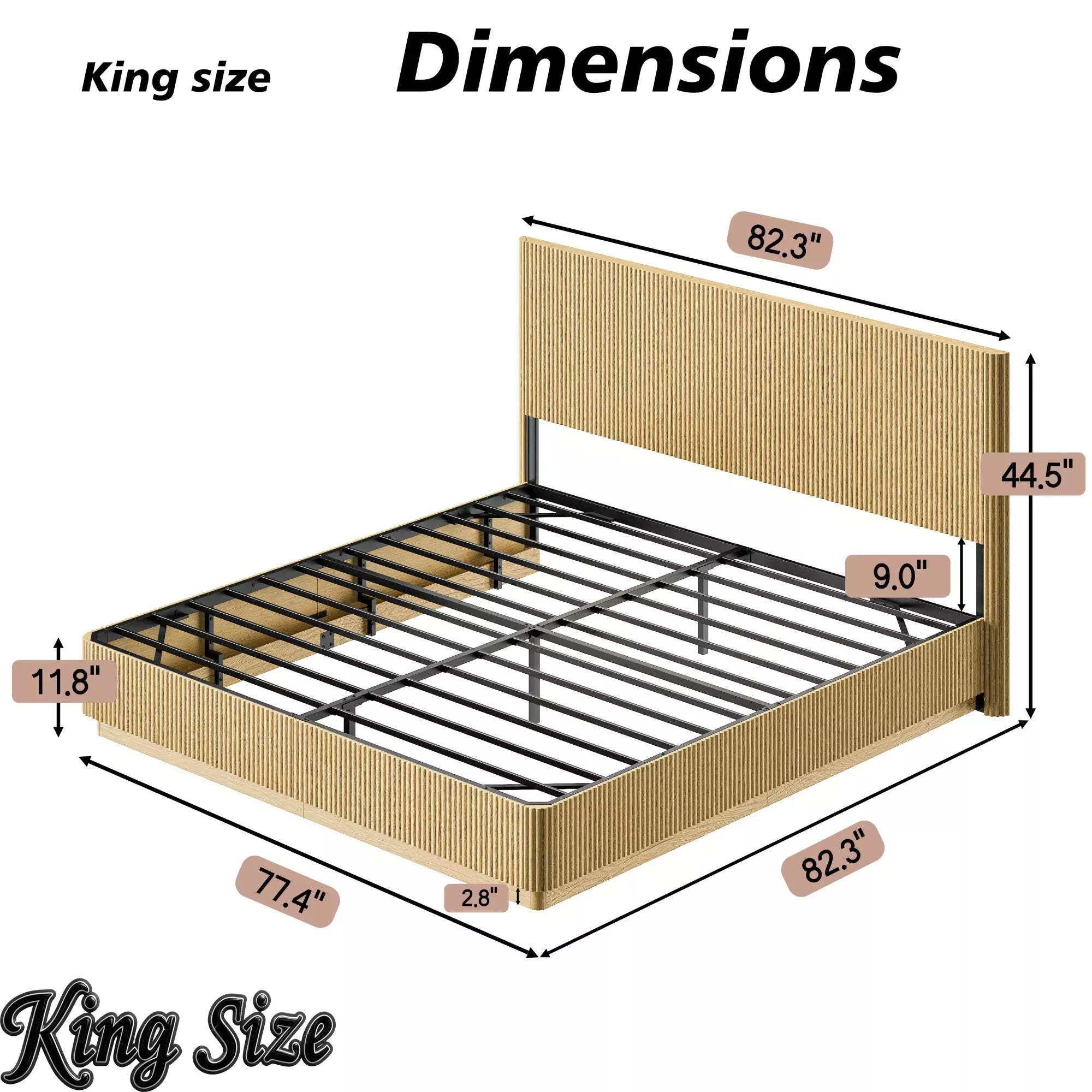Bellemave® Mid Century Modern Bed Frame, Fluted Platform Bed Frame with Headboard, Wood & Steel Platform Beds with LED Lights, Heavy Metal Frame Support Bellemave®