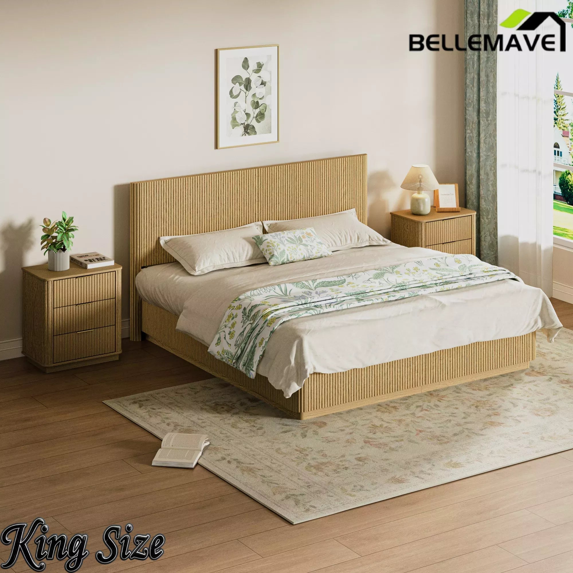 Bellemave® Mid Century Modern Bed Frame, Fluted Platform Bed Frame with Headboard, Wood & Steel Platform Beds with LED Lights, Heavy Metal Frame Support Bellemave®