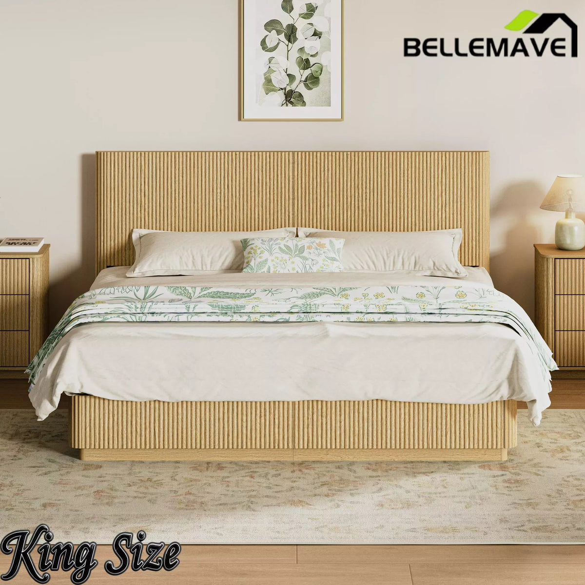 Bellemave® Mid Century Modern Bed Frame, Fluted Platform Bed Frame with Headboard, Wood & Steel Platform Beds with LED Lights, Heavy Metal Frame Support Bellemave®