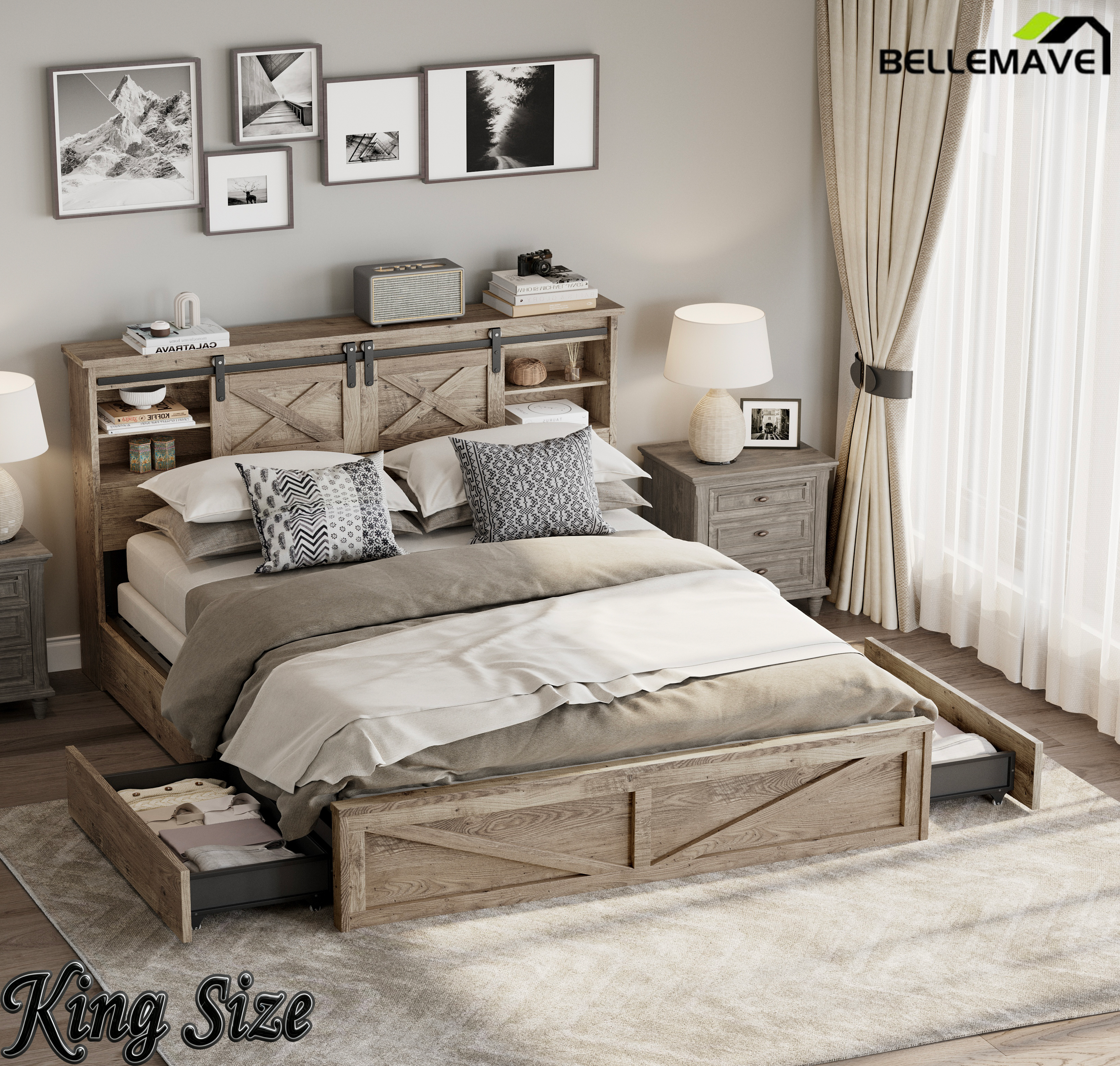 Bellemave® Farmhouse Queen Bed Frame with Storage Drawers & Bookcase Headboard - LED Lights, USB Charging Station, Sliding Barn Door, Wooden Platform Bed No Box Spring Needed Rustic Oak Bedroom Furniture Set Bellemave®