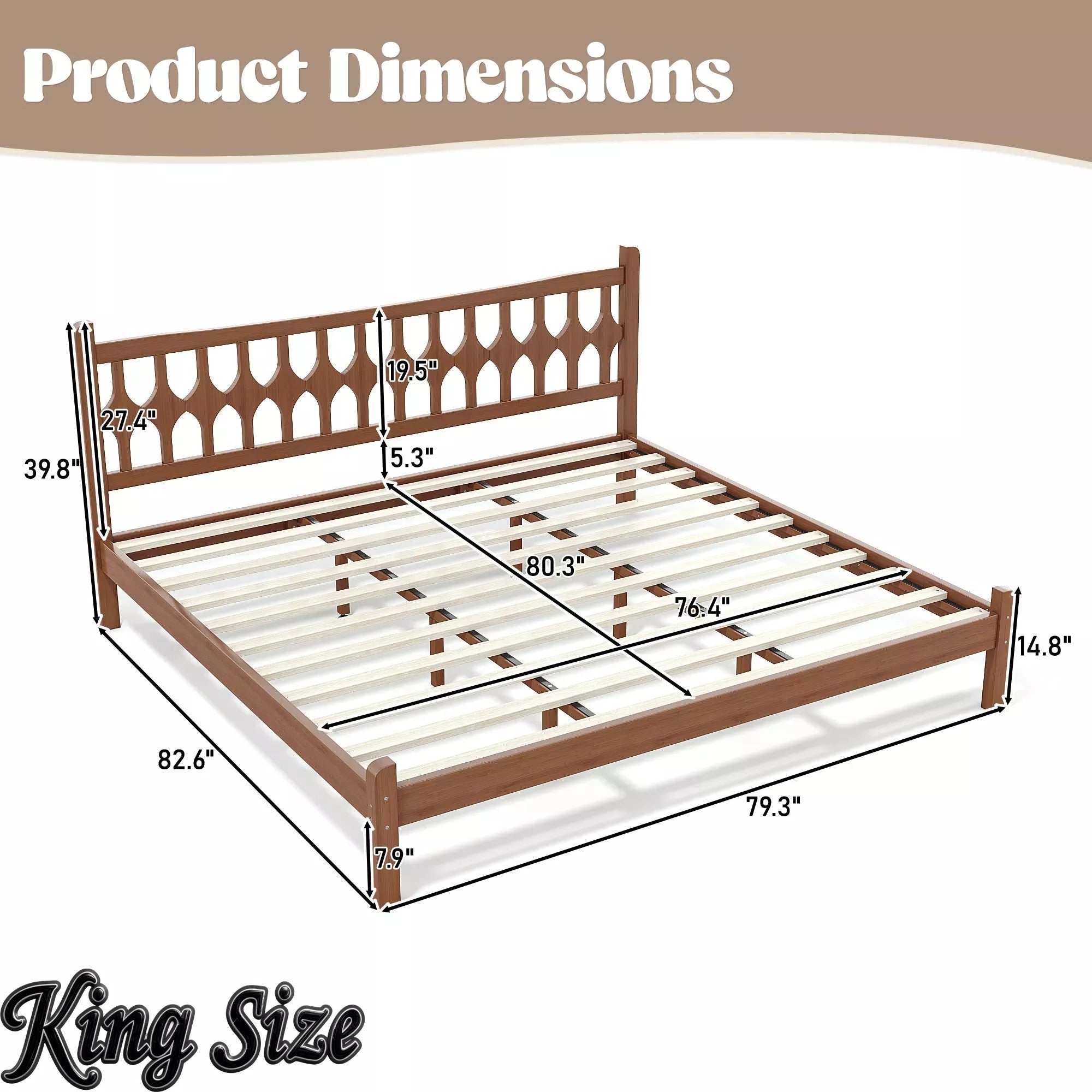 Bellemave® Bamboo Platform Bed with Diamond-shaped headboard, Solid Bamboo-made Bed Frame with Support Slats, for Bedroom, Guest Rooms, Brown Bellemave®