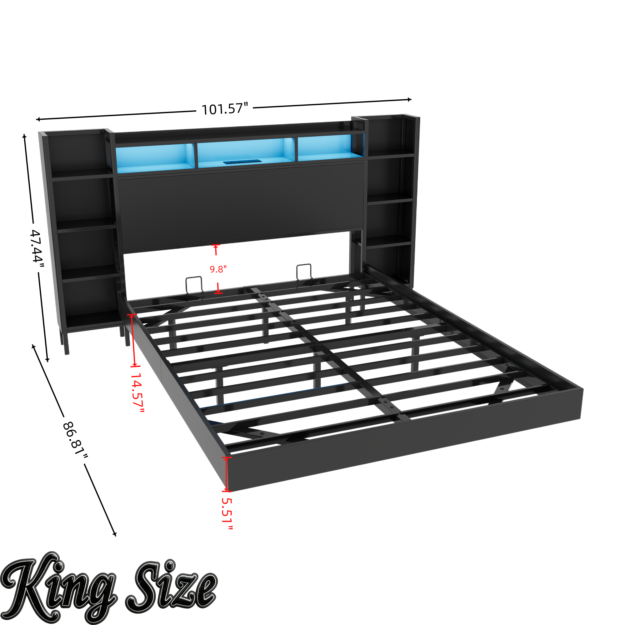 Bellemave® Floating Bed Frame with LED Lights, Storage Headboard & Charing Station, Metal Platform Bed, No Box Spring Need Bellemave®
