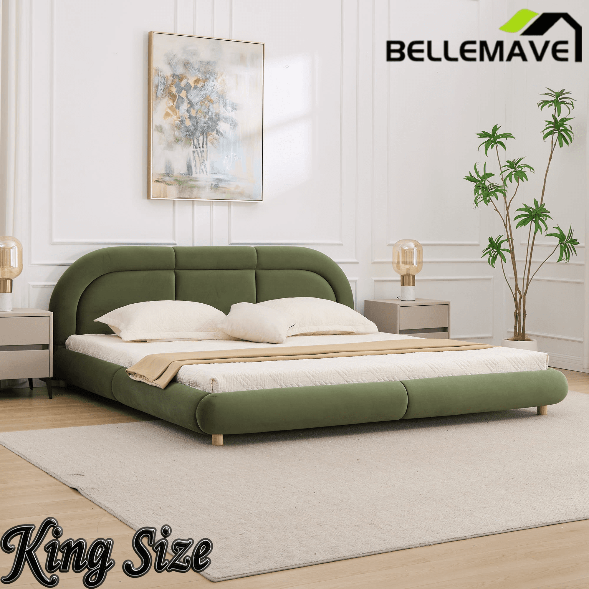 Bellemave® King Size Modern Curved Upholstered Low Profile Platform Bed Frame with Rounded Headboard, Soft Velvet Fabric & Sturdy Metal Frame Bellemave®