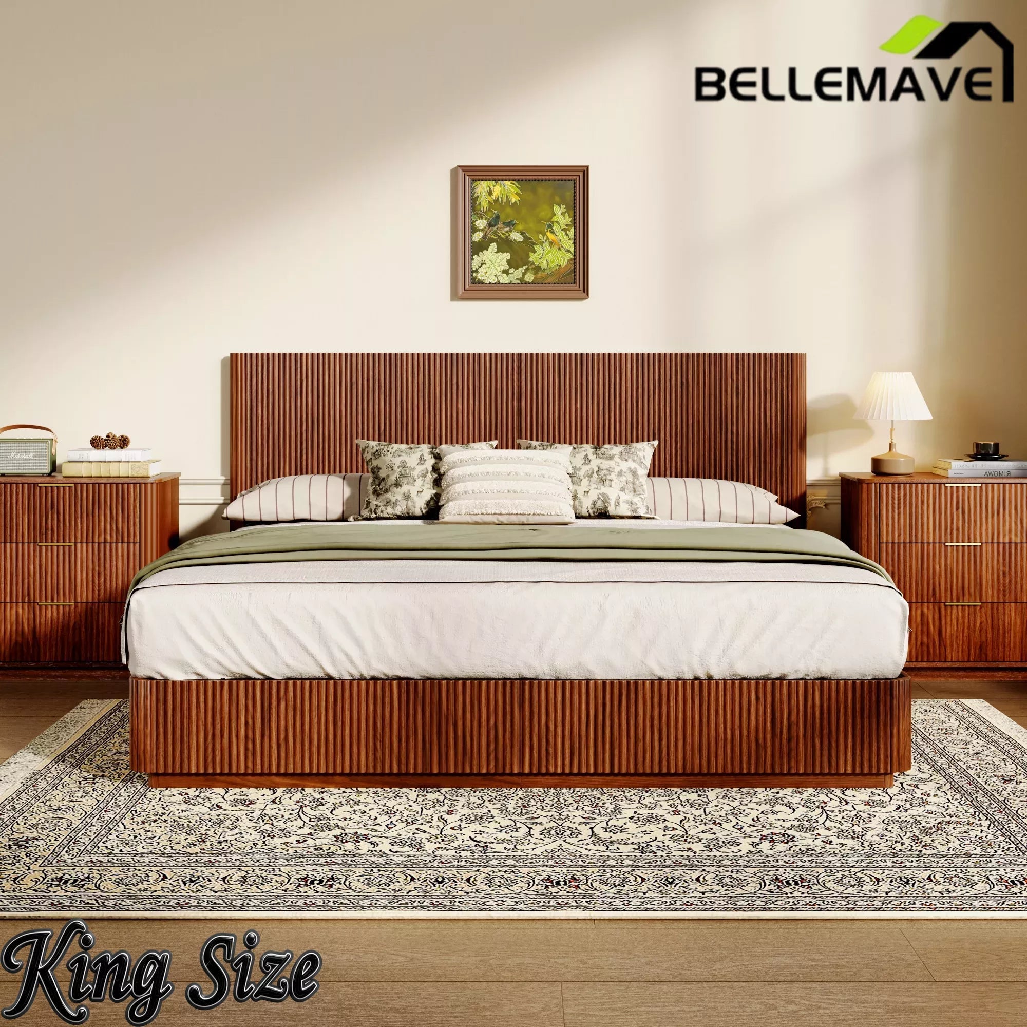 Bellemave® Mid Century Modern Bed Frame, Fluted Platform Bed Frame with Headboard, Wood & Steel Platform Beds with LED Lights, Heavy Metal Frame Support Bellemave®