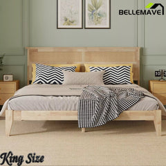 Bellemave® Boho Bed with Rattan Headboard — Solid Rubberwood Frame, Reinforced Base Bellemave®