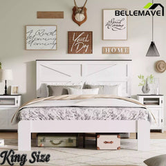 Bellemave® White Solid Wood Platform Bed with Headboard, Footboard & Storage Bellemave®