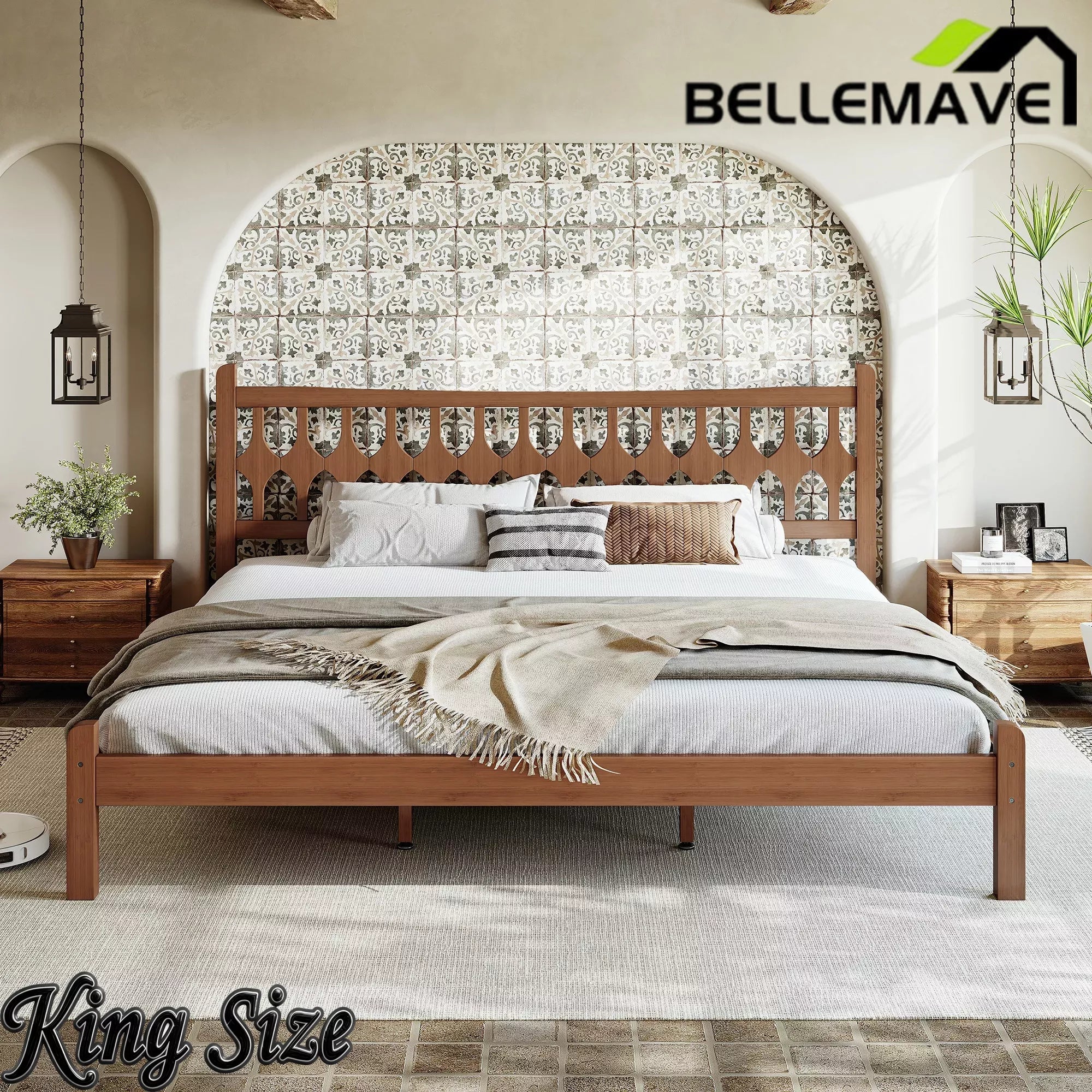 Bellemave® Bamboo Platform Bed with Diamond-shaped headboard, Solid Bamboo-made Bed Frame with Support Slats, for Bedroom, Guest Rooms, Brown Bellemave®