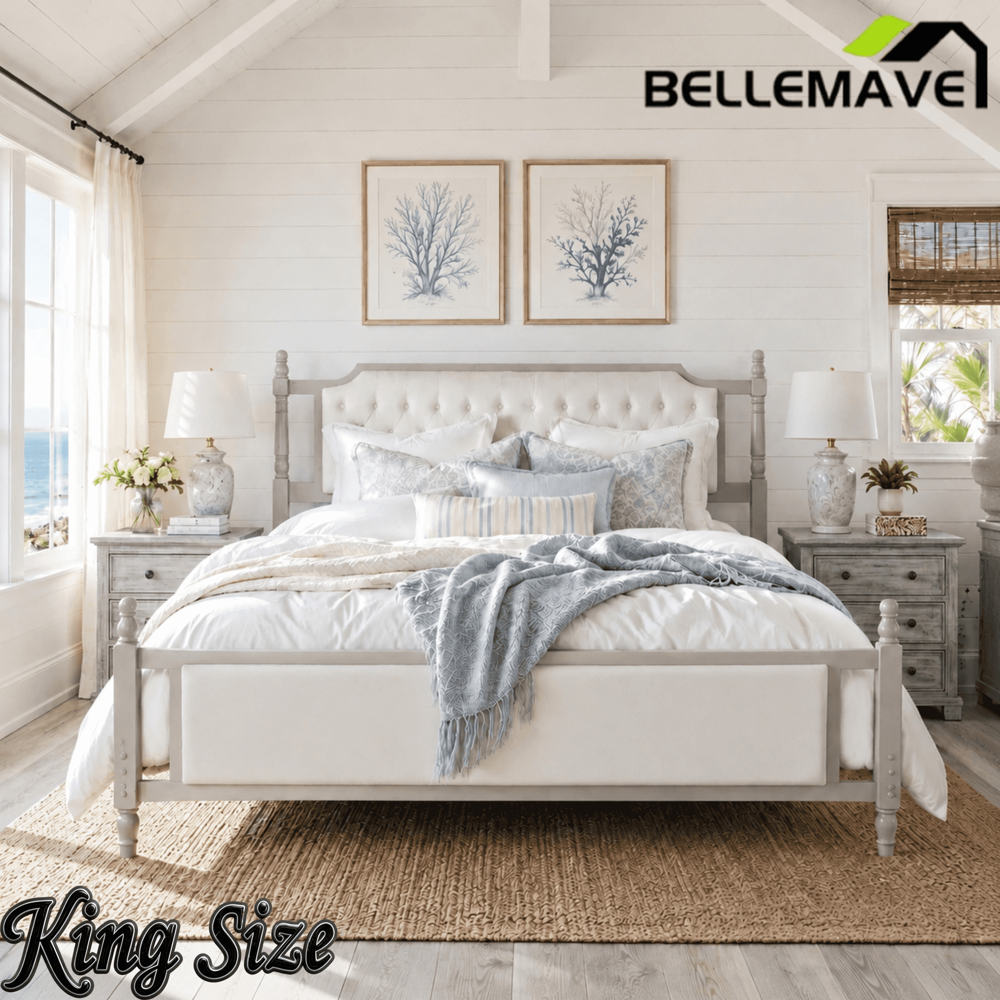 Bellemave® Upholstered Platform Bed with Button Tufted Headboard,Solid Wood Farmhouse Bed with Velvet Headboard and Footboard Bellemave®