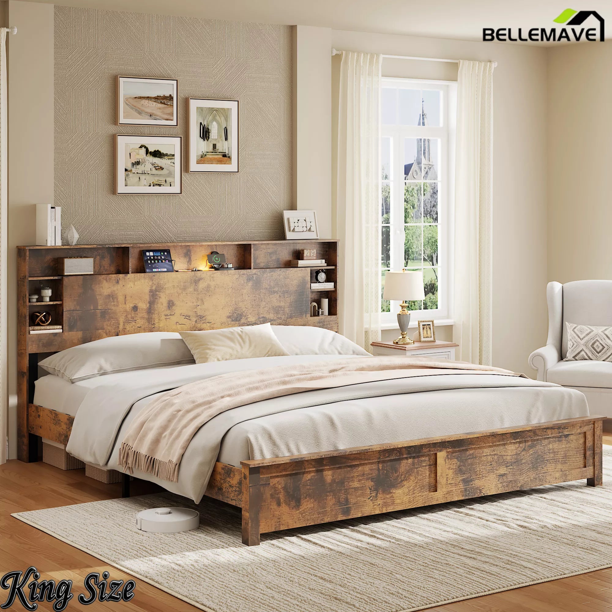 King Size Wood Platform Bed with Storage Headboard