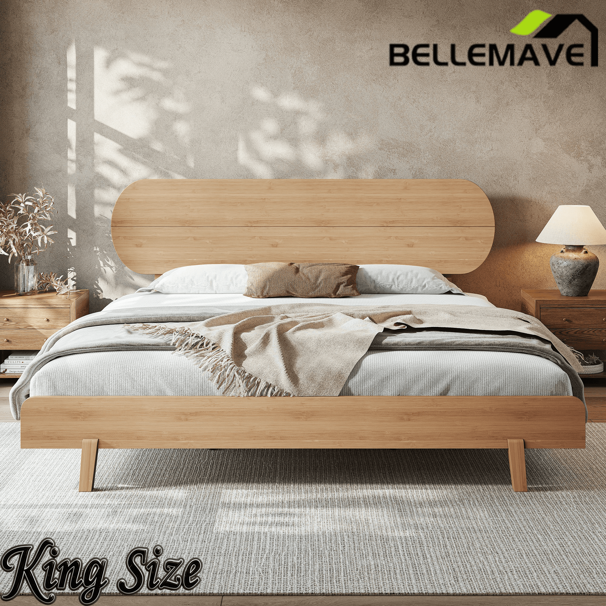 Bellemave® Bamboo Bed Frame with Headboard,Bamboo Platform Bed Frame with Rounded Headboard and Wood Slats,Easy Assembly Bellemave®