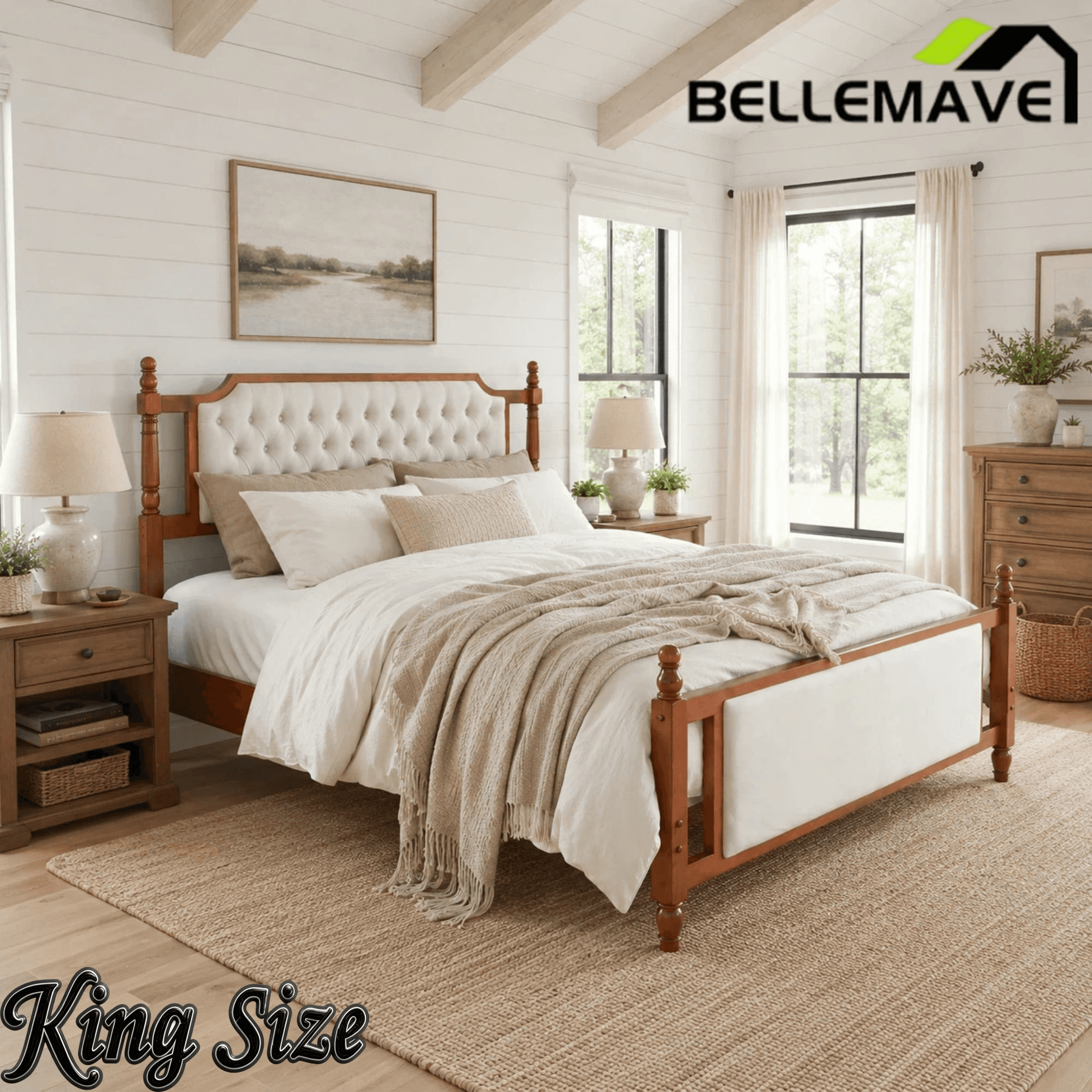 Bellemave® Upholstered Platform Bed with Button Tufted Headboard,Solid Wood Farmhouse Bed with Velvet Headboard and Footboard Bellemave®