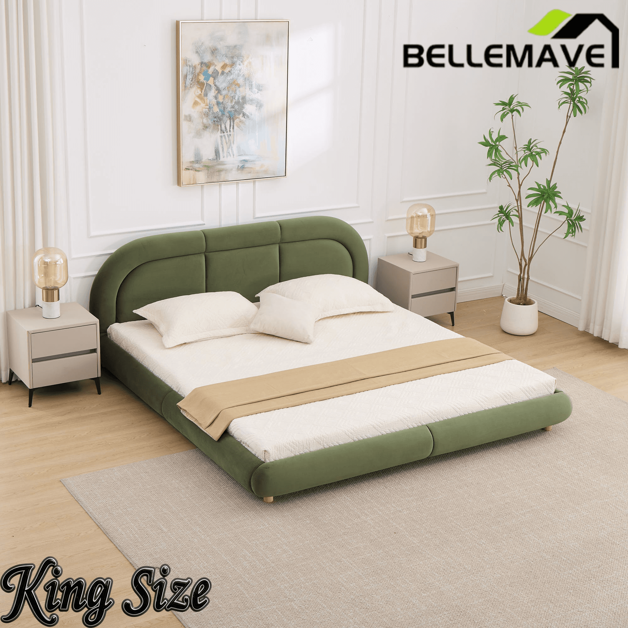 Bellemave® King Size Modern Curved Upholstered Low Profile Platform Bed Frame with Rounded Headboard, Soft Velvet Fabric & Sturdy Metal Frame Bellemave®