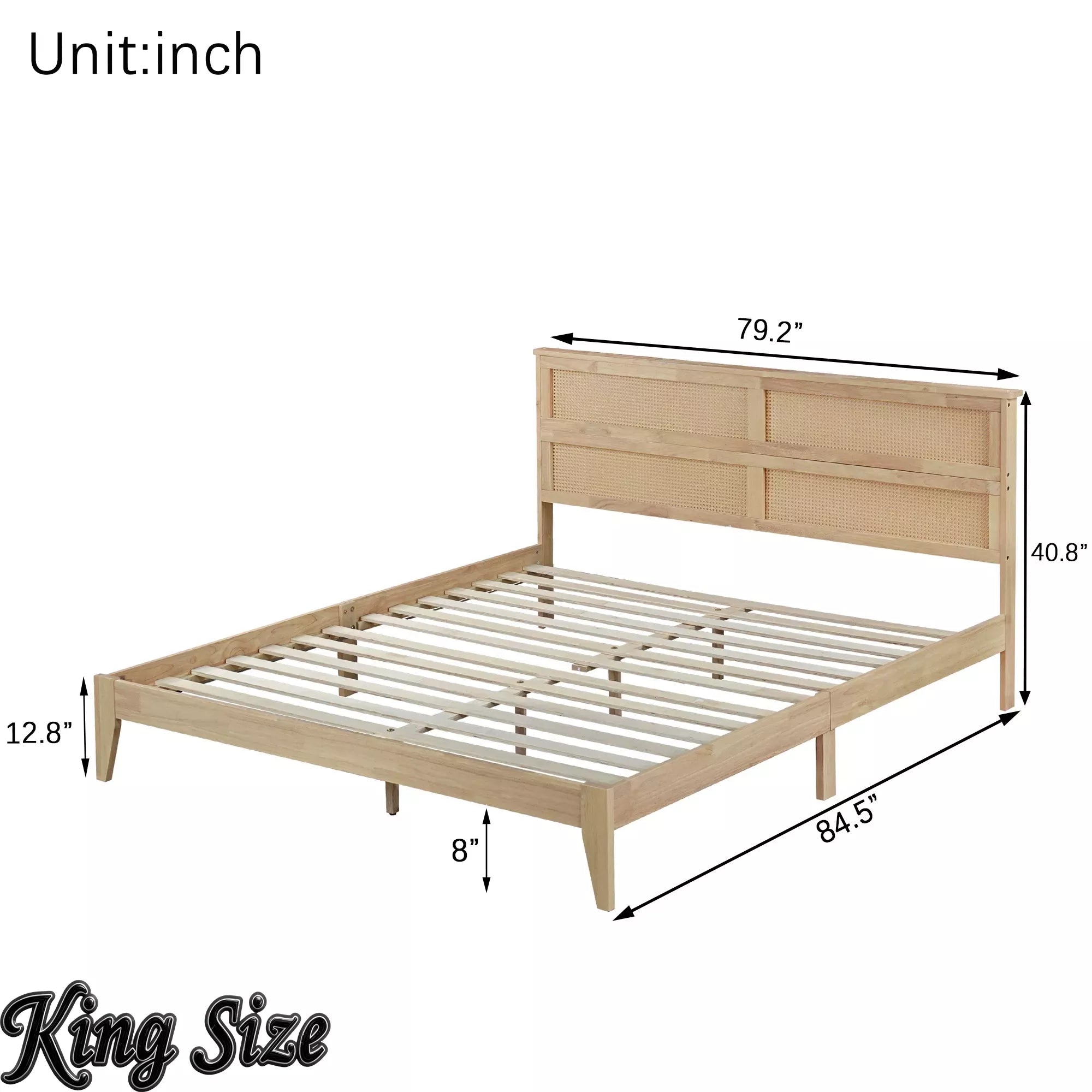 Bellemave® Boho Bed with Rattan Headboard — Solid Rubberwood Frame, Reinforced Base Bellemave®