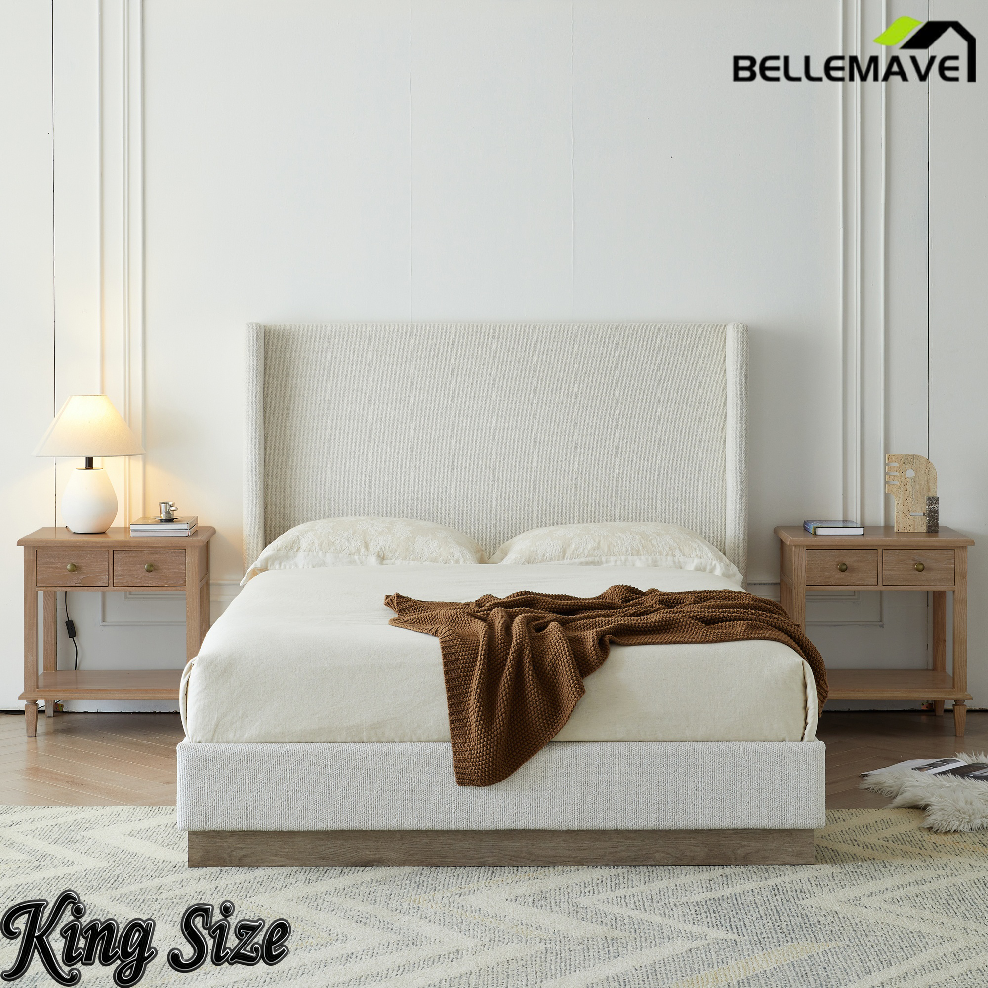 Bellemave® Upholstered Bed Frame with Headboard, Wood Base Floor Platform Beds, No Box Spring Needed No Noise Bellemave®