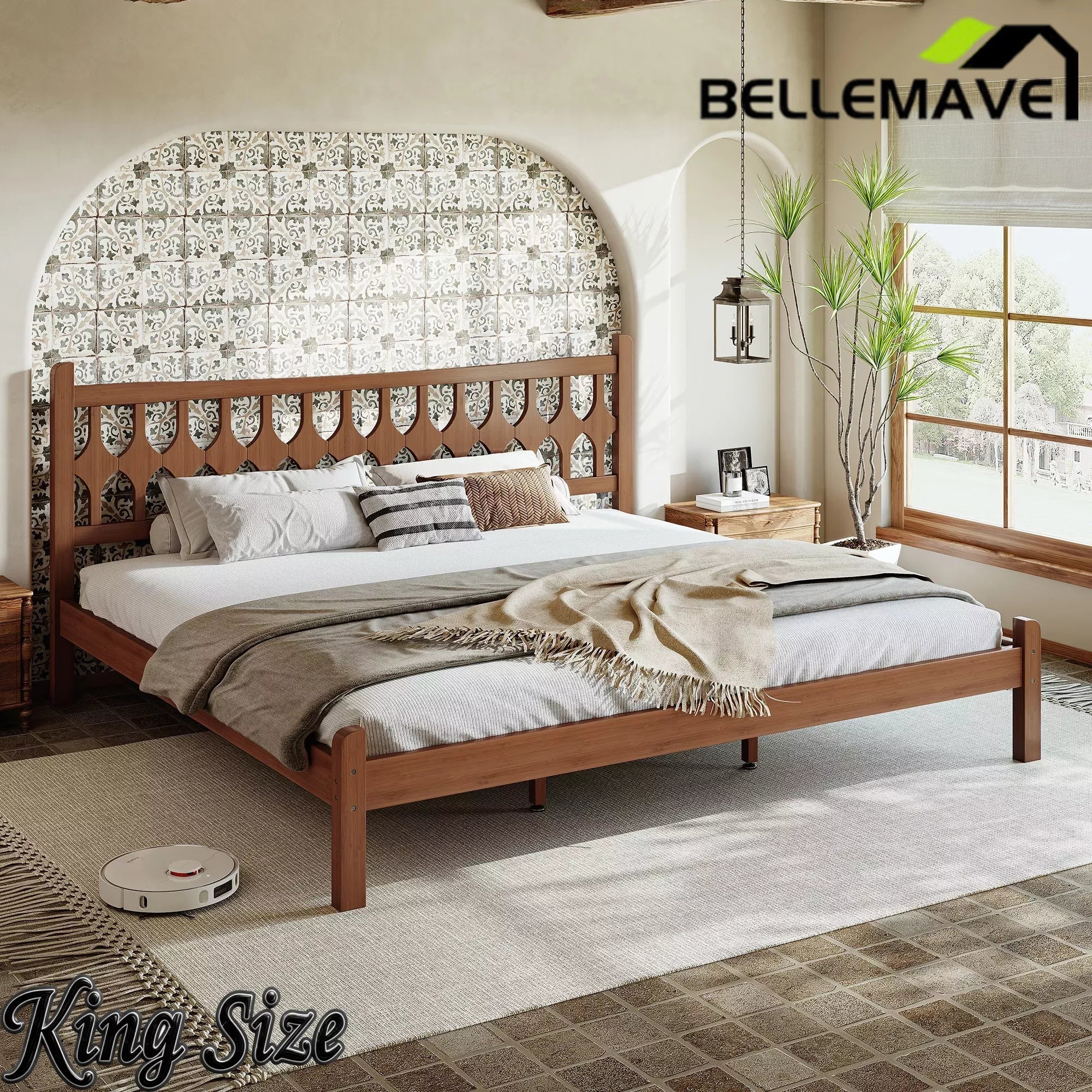 Bellemave® Bamboo Platform Bed with Diamond-shaped headboard, Solid Bamboo-made Bed Frame with Support Slats, for Bedroom, Guest Rooms, Brown Bellemave®