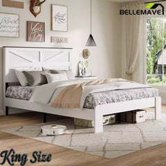 Bellemave® White Solid Wood Platform Bed with Headboard, Footboard & Storage Bellemave®