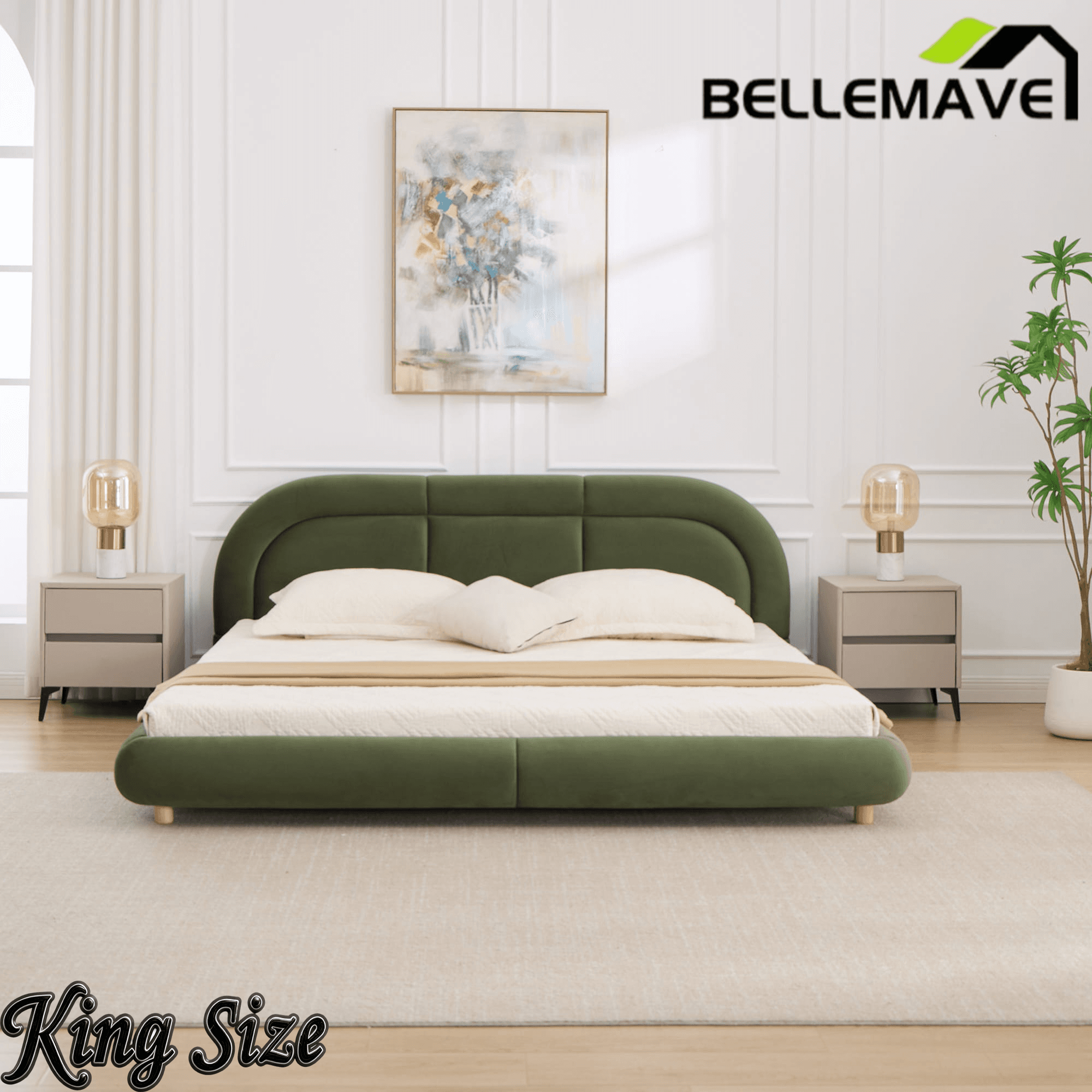 Bellemave® King Size Modern Curved Upholstered Low Profile Platform Bed Frame with Rounded Headboard, Soft Velvet Fabric & Sturdy Metal Frame Bellemave®