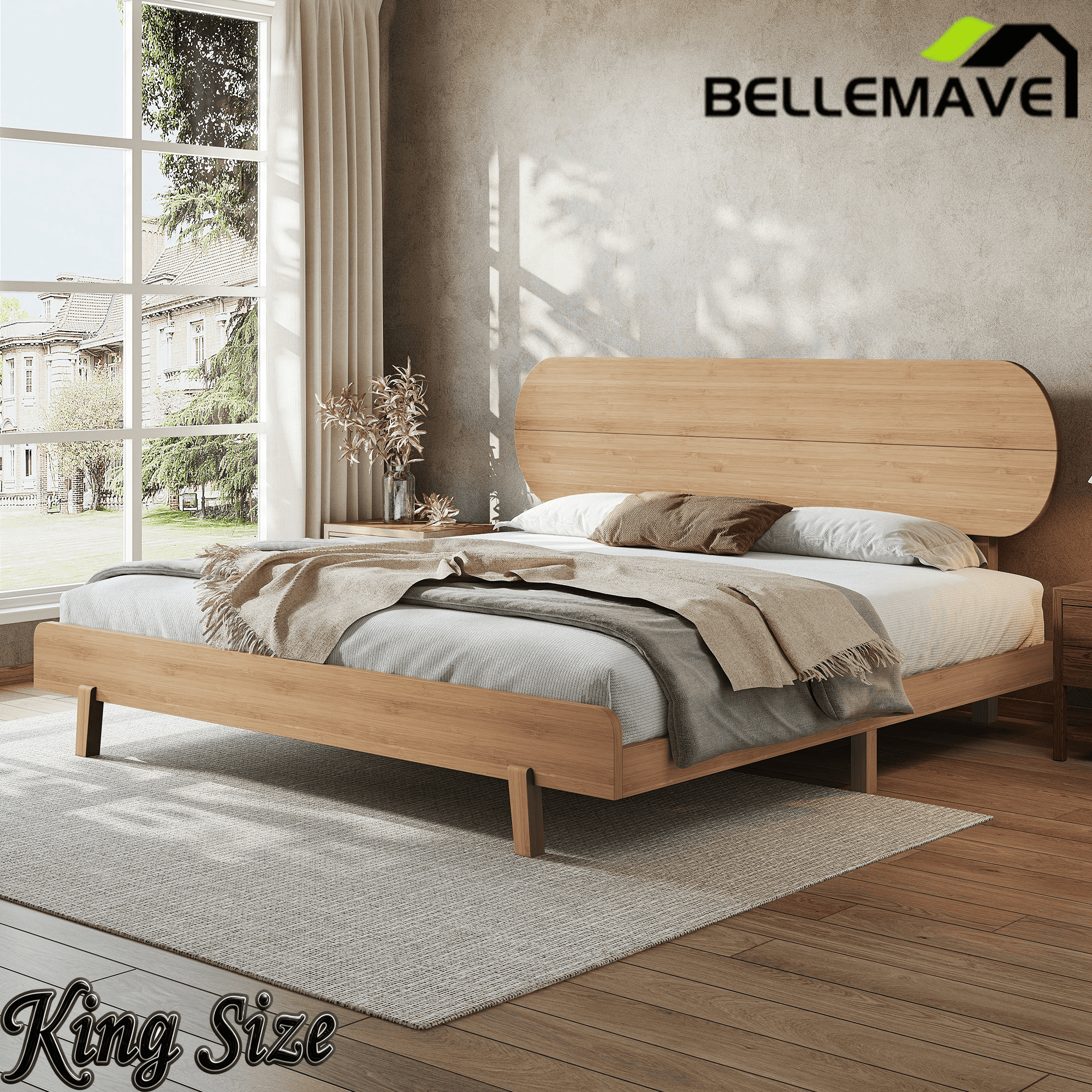 Bellemave® Bamboo Bed Frame with Headboard,Bamboo Platform Bed Frame with Rounded Headboard and Wood Slats,Easy Assembly Bellemave®