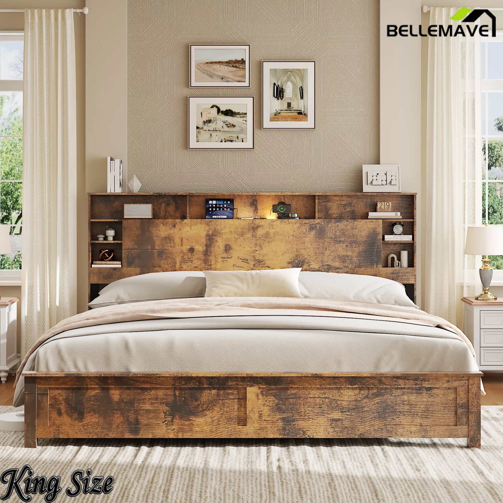 King Size Bed Frame with Bookcase Storage Headboard
