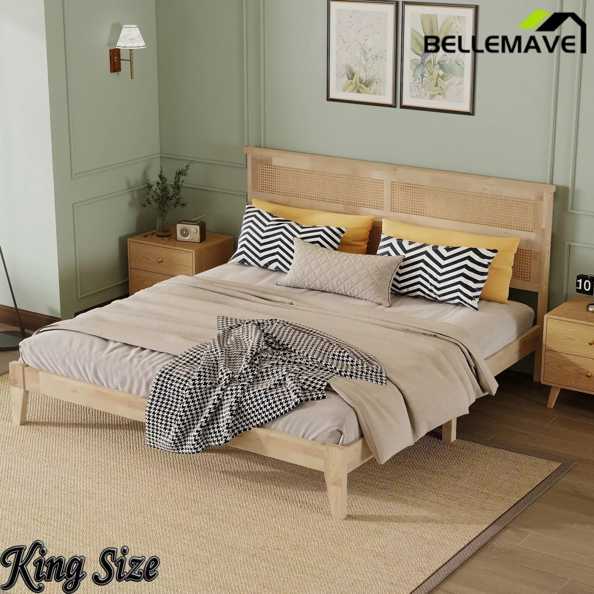 Bellemave® Boho Bed with Rattan Headboard — Solid Rubberwood Frame, Reinforced Base Bellemave®