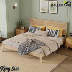 Bellemave® Boho Bed with Rattan Headboard — Solid Rubberwood Frame, Reinforced Base Bellemave®