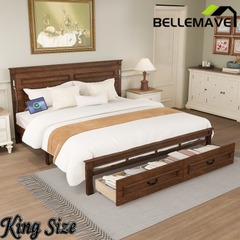 Bellemave® Farmhouse Solid Wood Platform Bed with 2 Storage Drawers,Tall Headboard,LED Lights & USB Charging Station Bellemave®