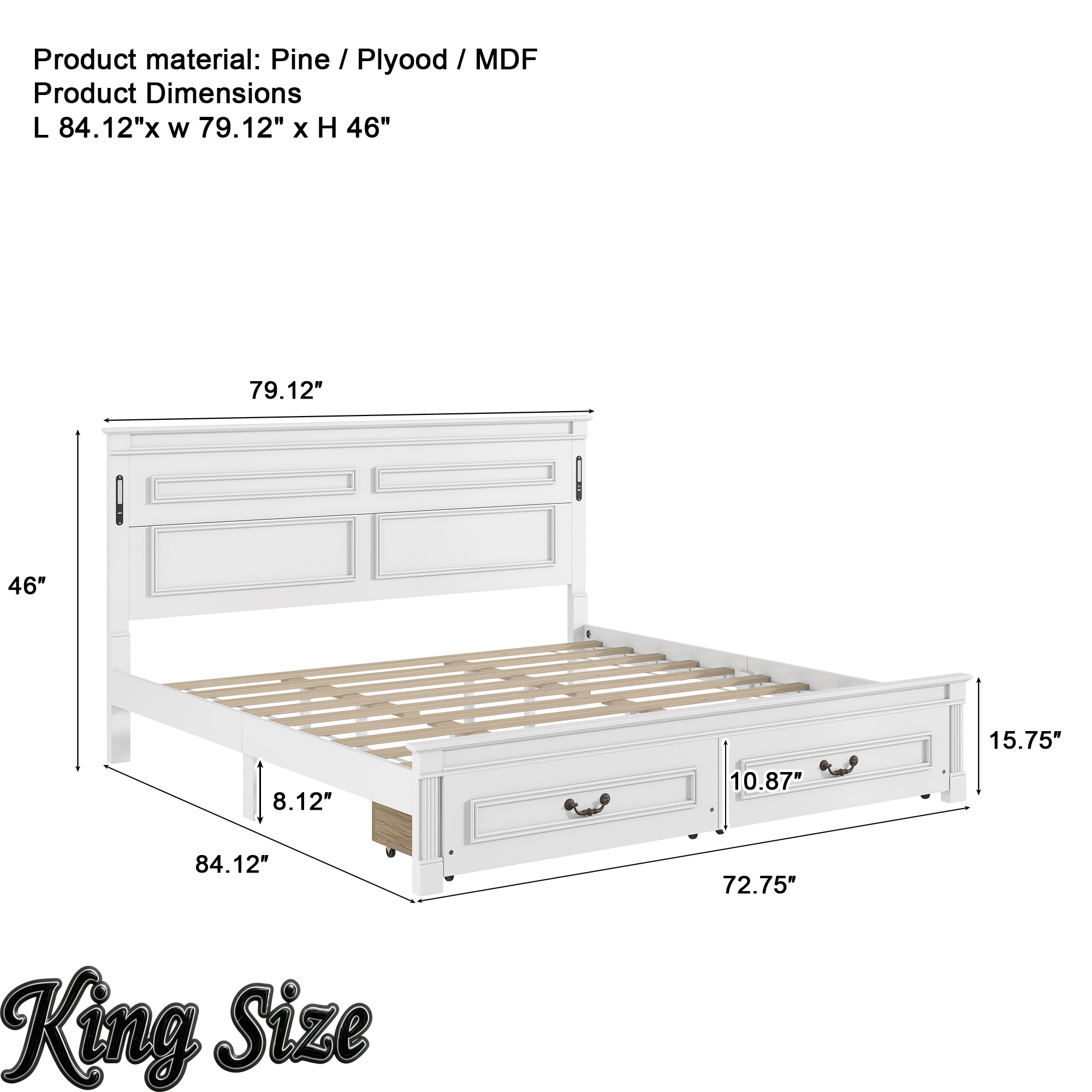 Bellemave® Farmhouse Solid Wood Platform Bed with 2 Storage Drawers,Tall Headboard,LED Lights & USB Charging Station Bellemave®