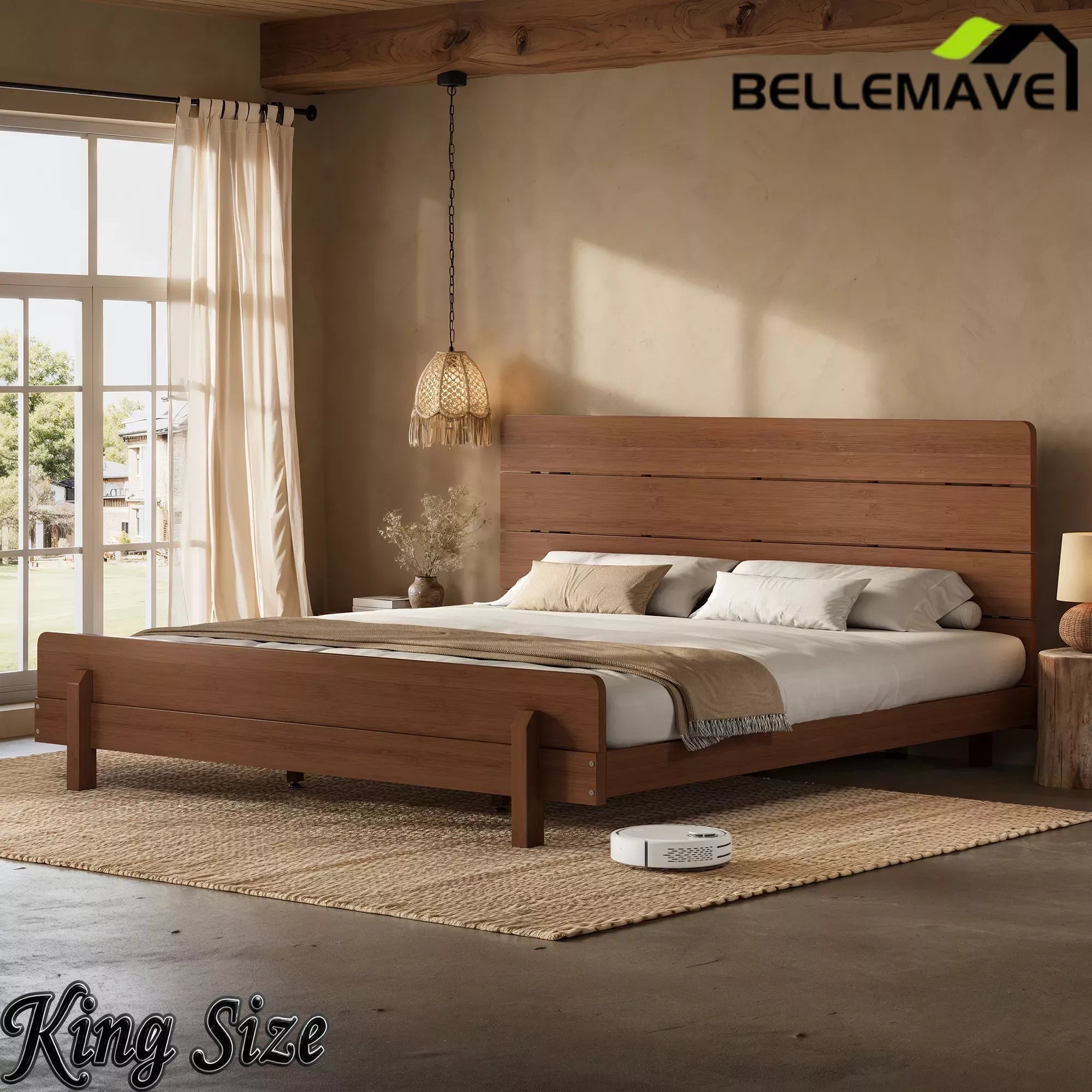 Bellemave® Bamboo Platform Bed with Modern Headboard, Bamboo Bed Frame Construction, Reinforced Support Slats Design No Box Spring Required,Brown Bellemave®