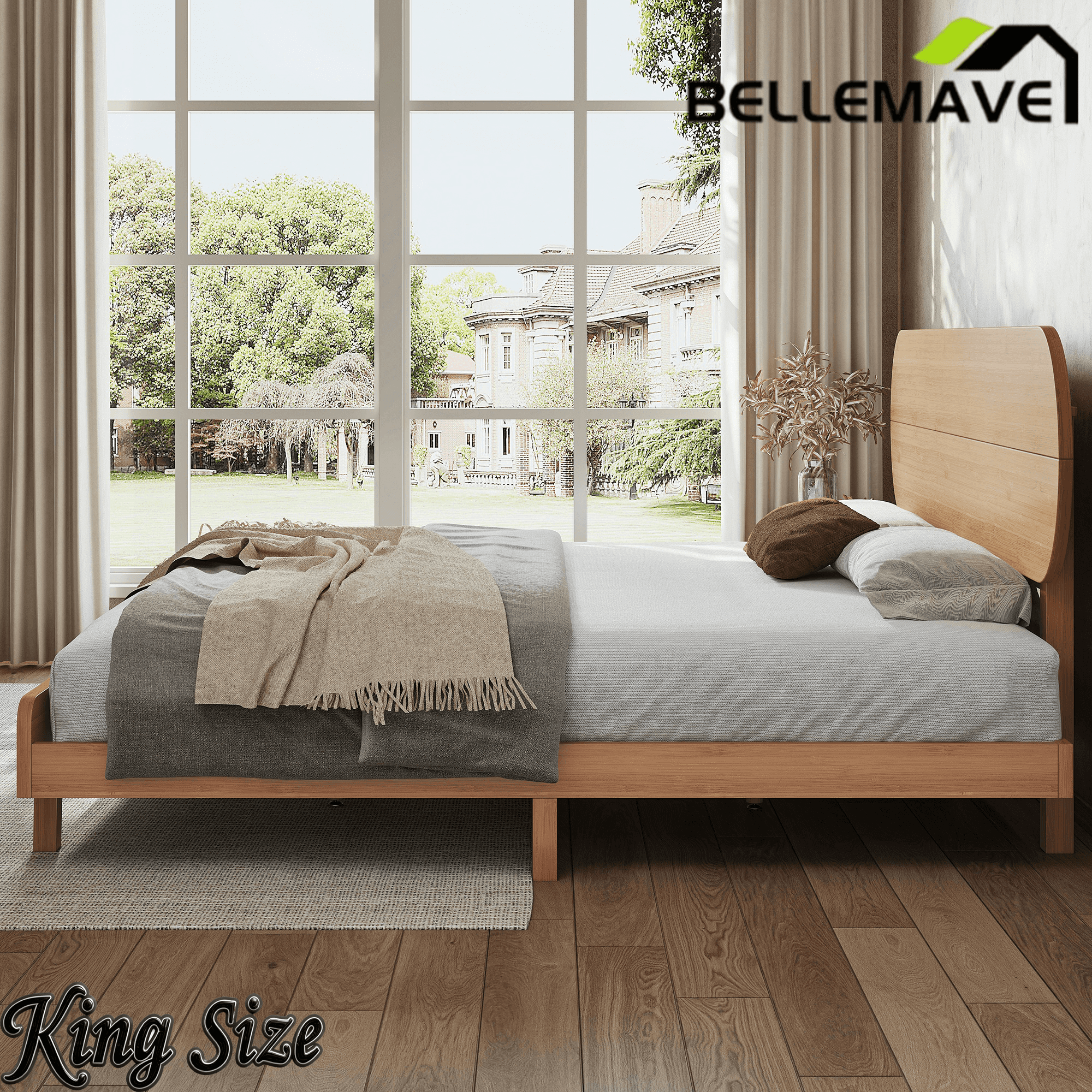 Bellemave® Bamboo Bed Frame with Headboard,Bamboo Platform Bed Frame with Rounded Headboard and Wood Slats,Easy Assembly Bellemave®