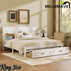 Bellemave® Farmhouse Solid Wood Platform Bed with 2 Storage Drawers,Tall Headboard,LED Lights & USB Charging Station Bellemave®