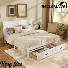 Bellemave® Farmhouse Solid Wood Platform Bed with 2 Storage Drawers,Tall Headboard,LED Lights & USB Charging Station Bellemave®