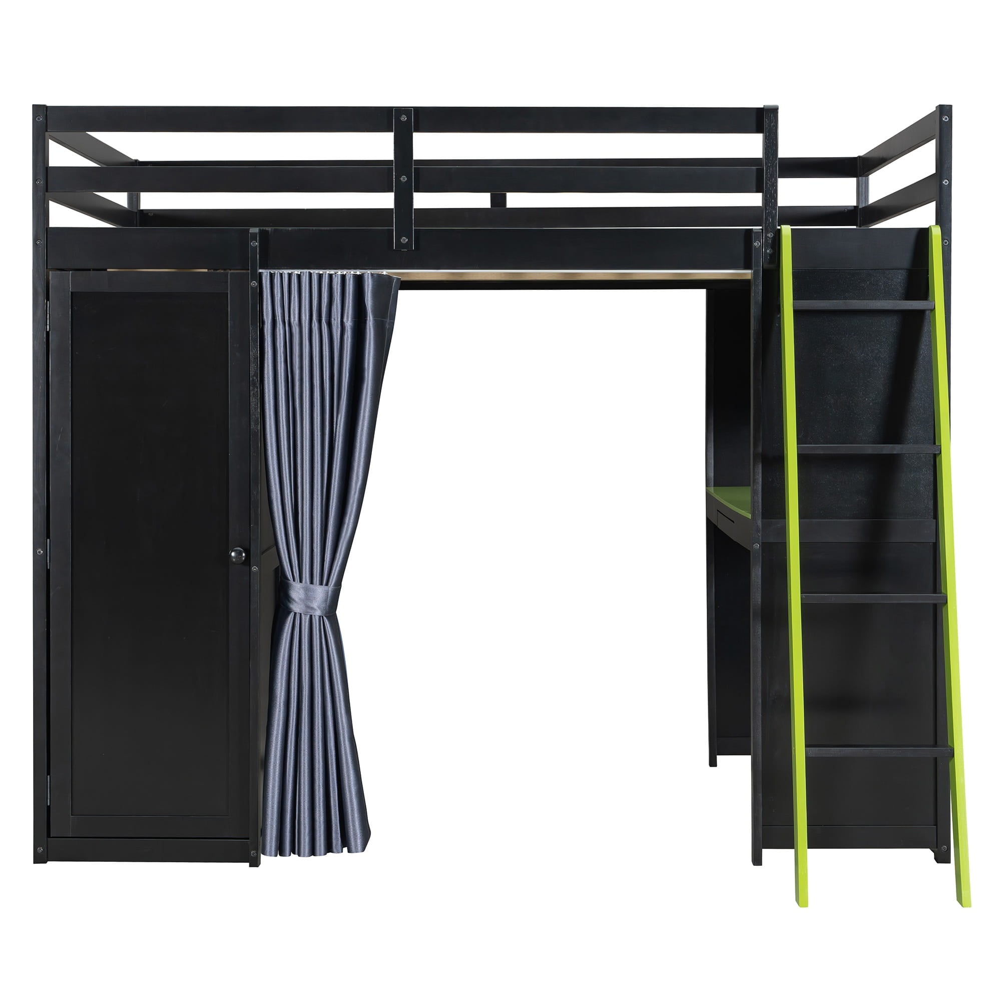 Bellemave® Full Gaming Loft Bed with Wardrobe & Desk & Charging Station & RGB Light,Wood Loft Bed Frame with Storage Shelves,Curtains & DIY Pegboard,Black Green Bellemave®