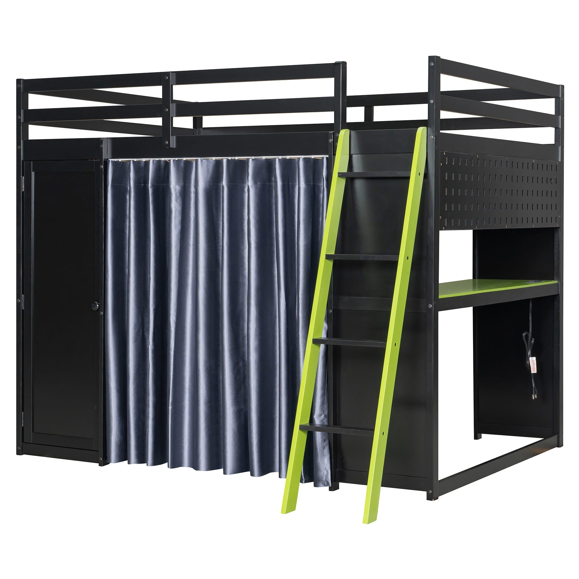 Bellemave® Full Gaming Loft Bed with Wardrobe & Desk & Charging Station & RGB Light,Wood Loft Bed Frame with Storage Shelves,Curtains & DIY Pegboard,Black Green Bellemave®