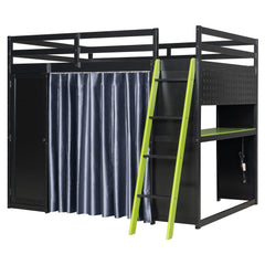 Bellemave® Full Gaming Loft Bed with Wardrobe & Desk & Charging Station & RGB Light,Wood Loft Bed Frame with Storage Shelves,Curtains & DIY Pegboard,Black Green Bellemave®