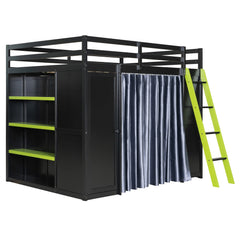 Bellemave® Full Gaming Loft Bed with Wardrobe & Desk & Charging Station & RGB Light,Wood Loft Bed Frame with Storage Shelves,Curtains & DIY Pegboard,Black Green Bellemave®